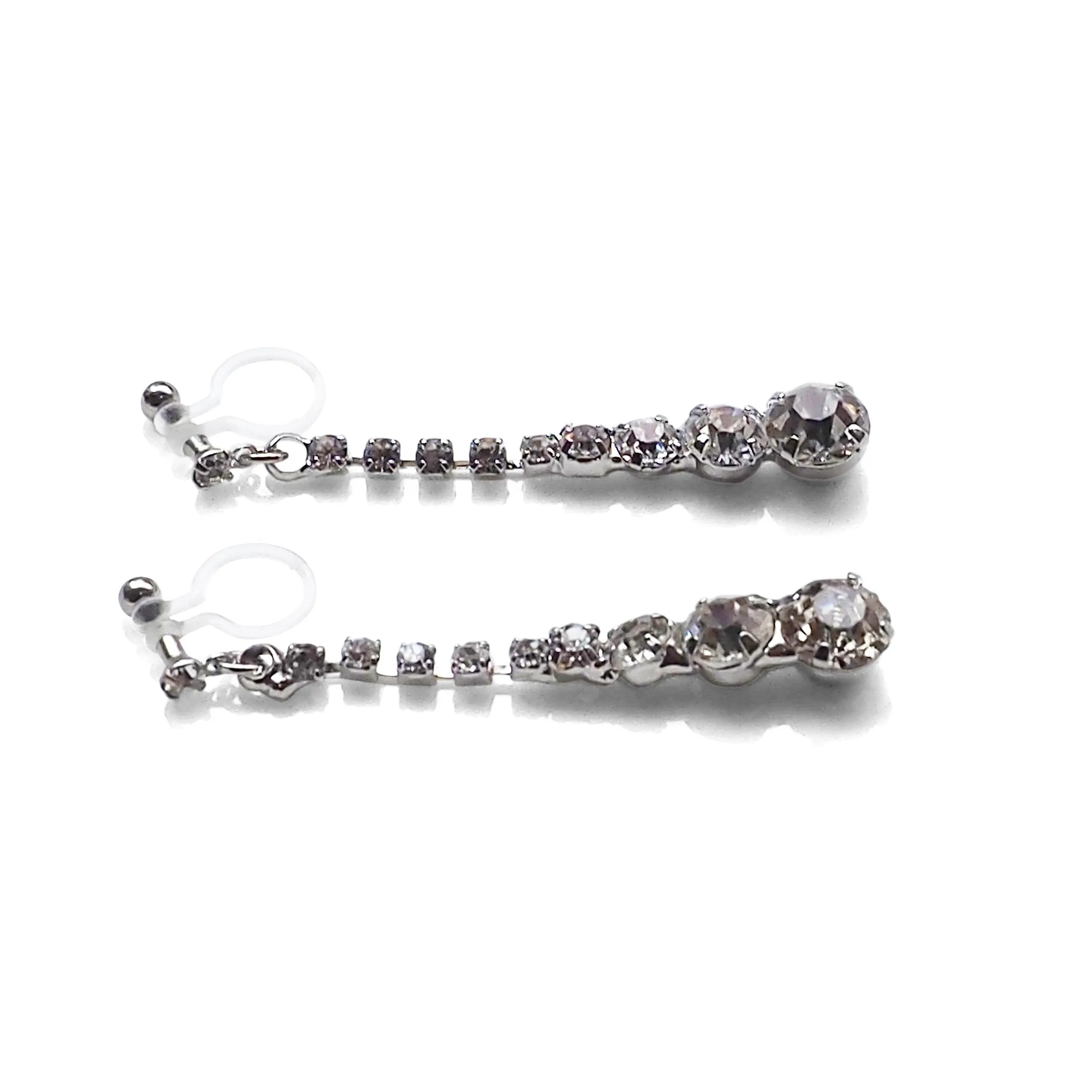 Bridal long rhinestone crystal invisible clip on earrings ( silver tone )