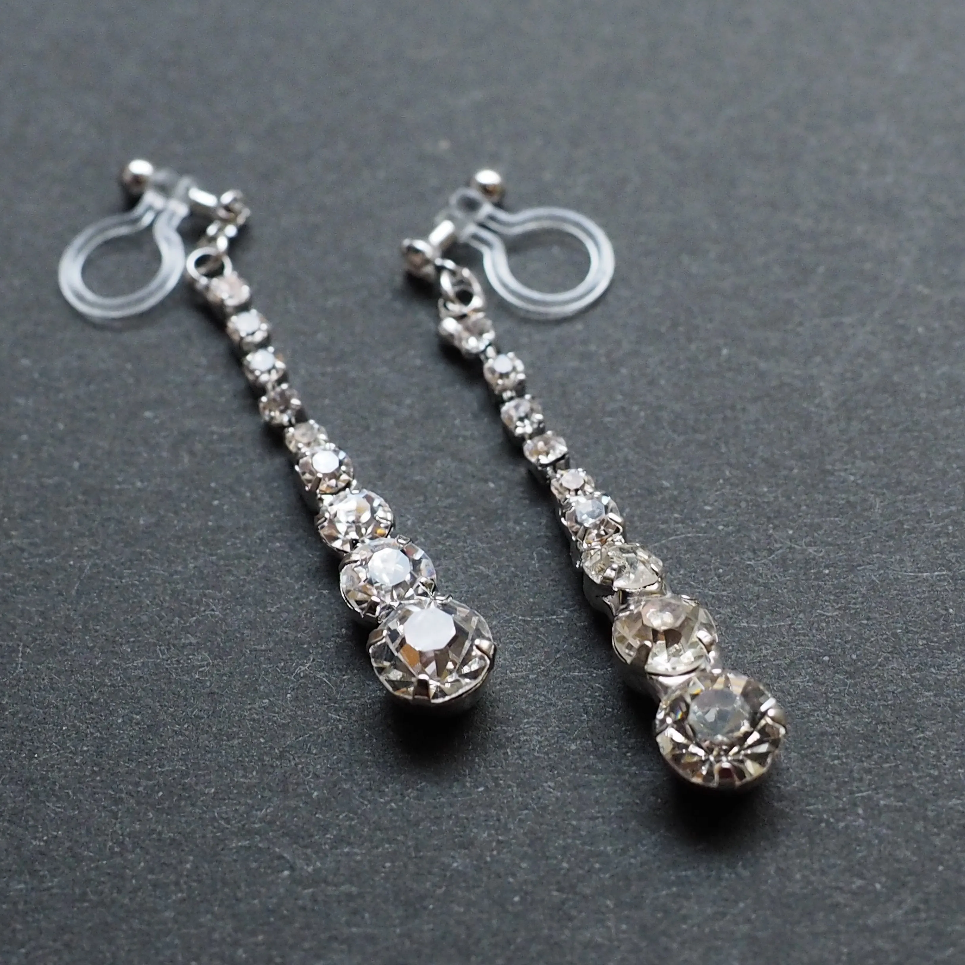 Bridal long rhinestone crystal invisible clip on earrings ( silver tone )