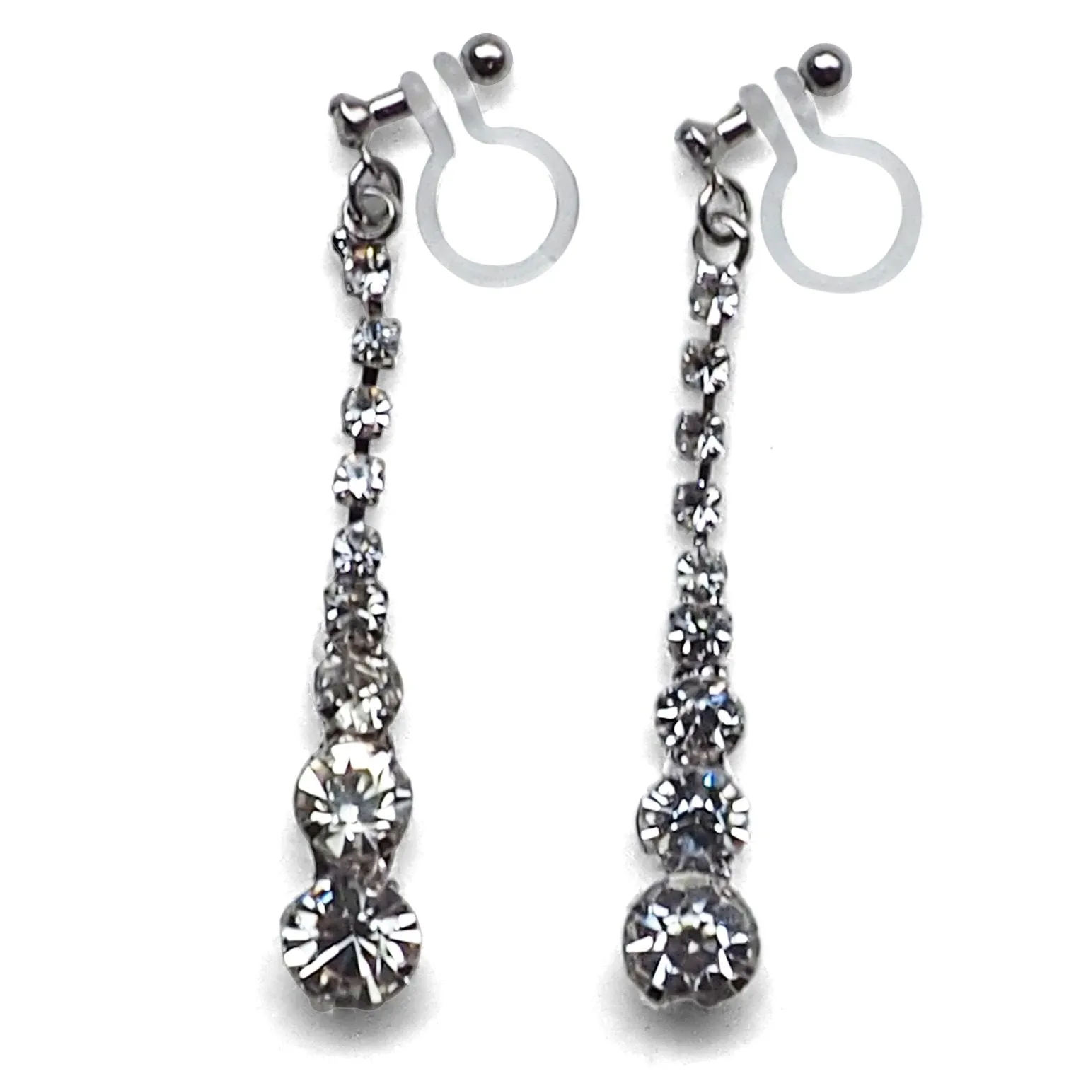 Bridal long rhinestone crystal invisible clip on earrings ( silver tone )