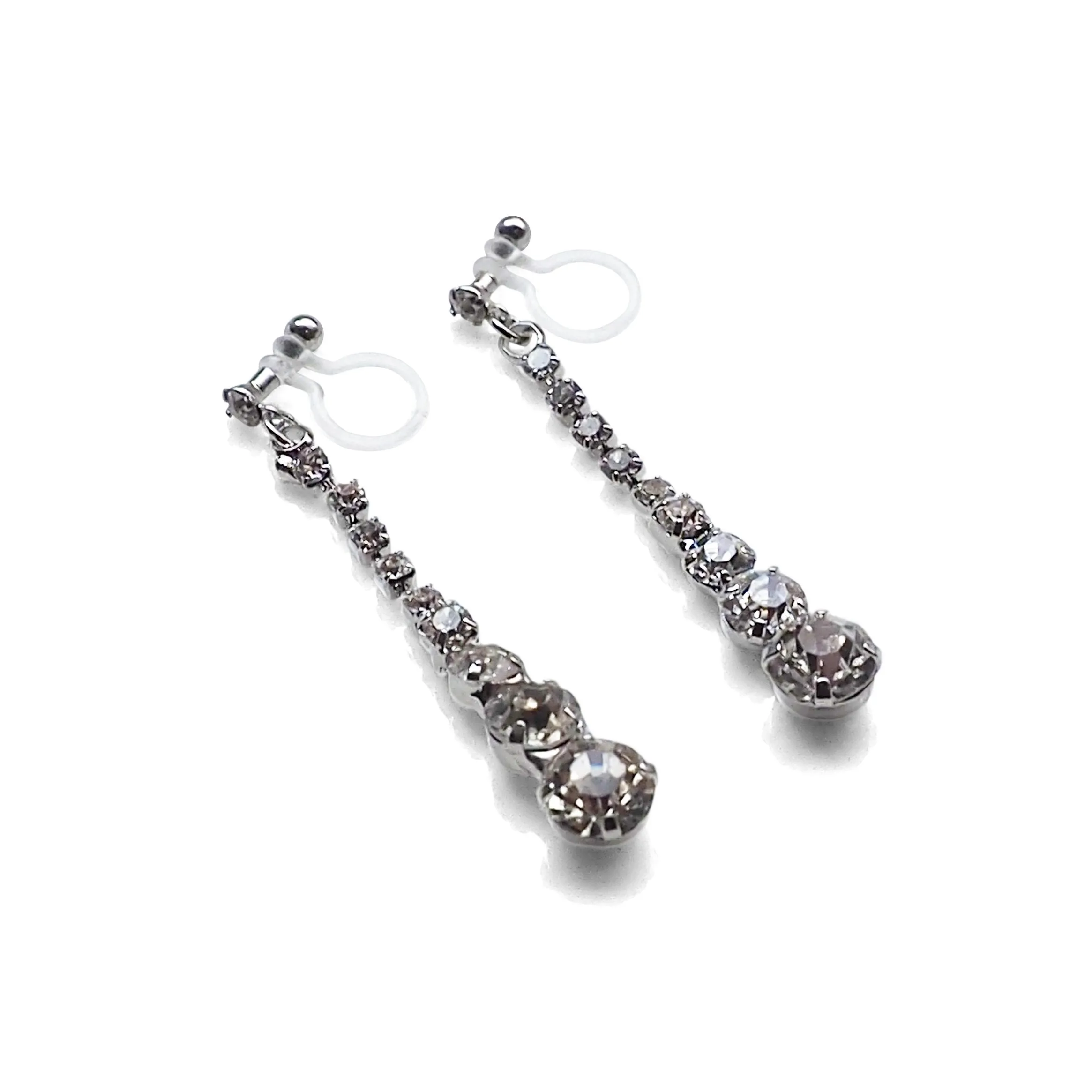 Bridal long rhinestone crystal invisible clip on earrings ( silver tone )