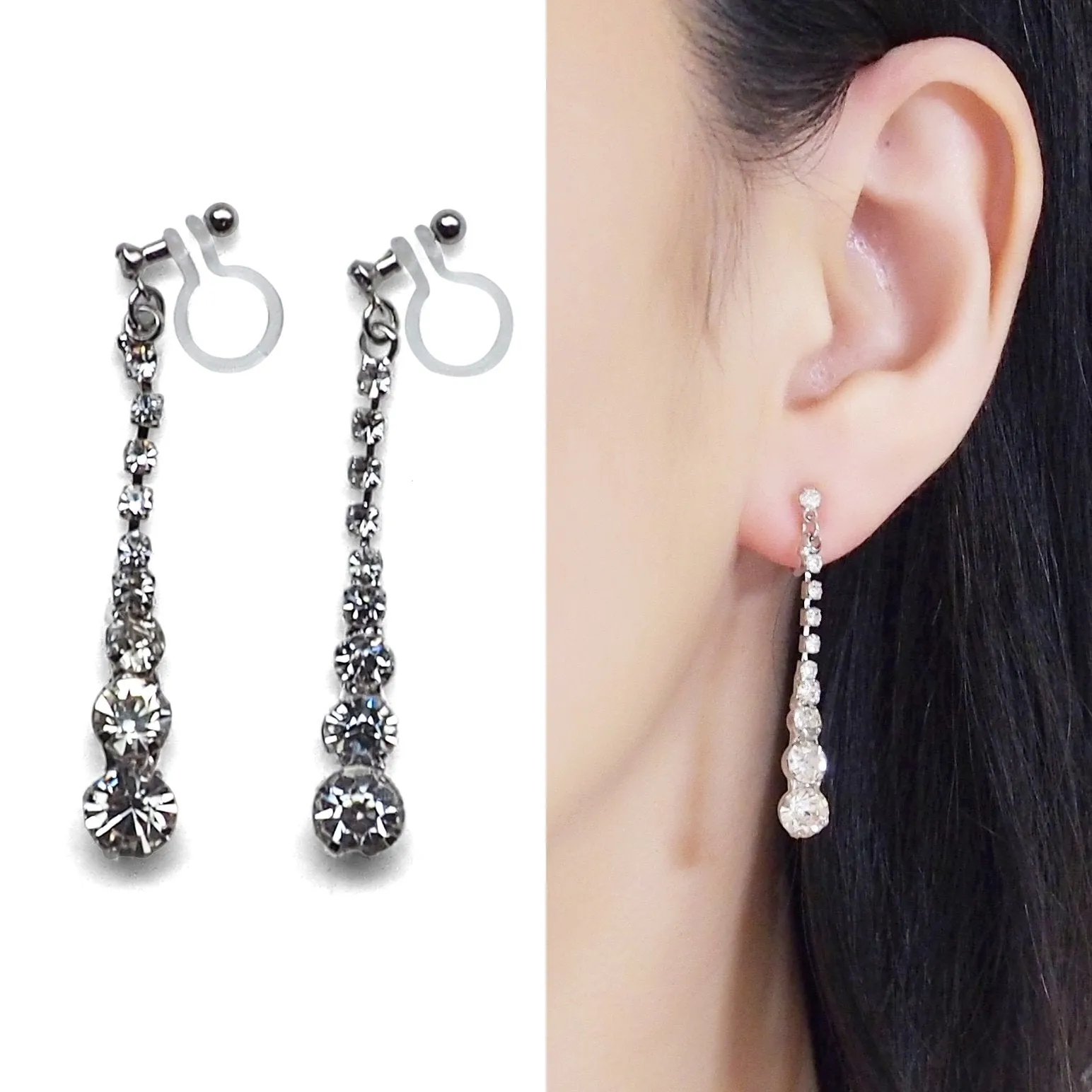 Bridal long rhinestone crystal invisible clip on earrings ( silver tone )