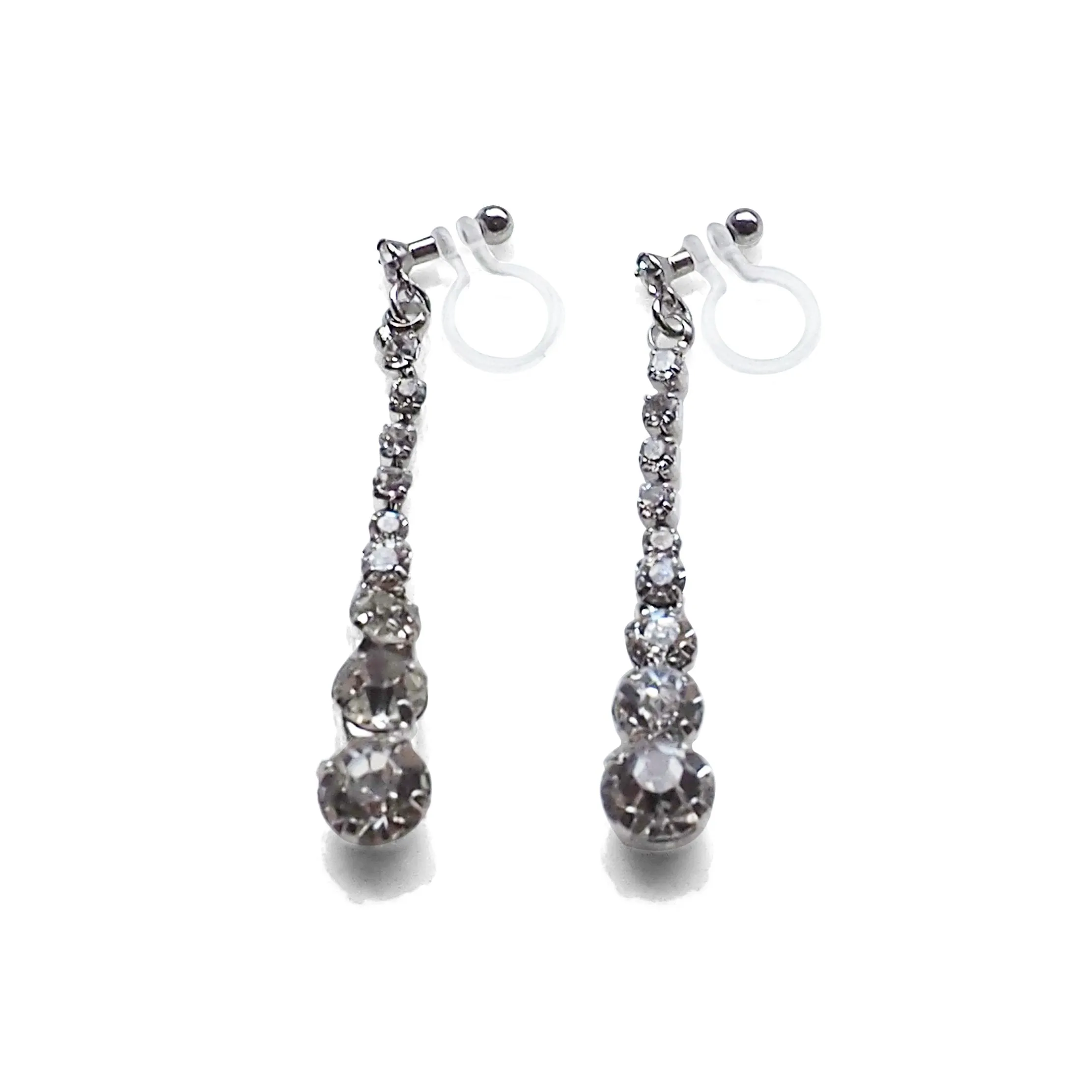 Bridal long rhinestone crystal invisible clip on earrings ( silver tone )