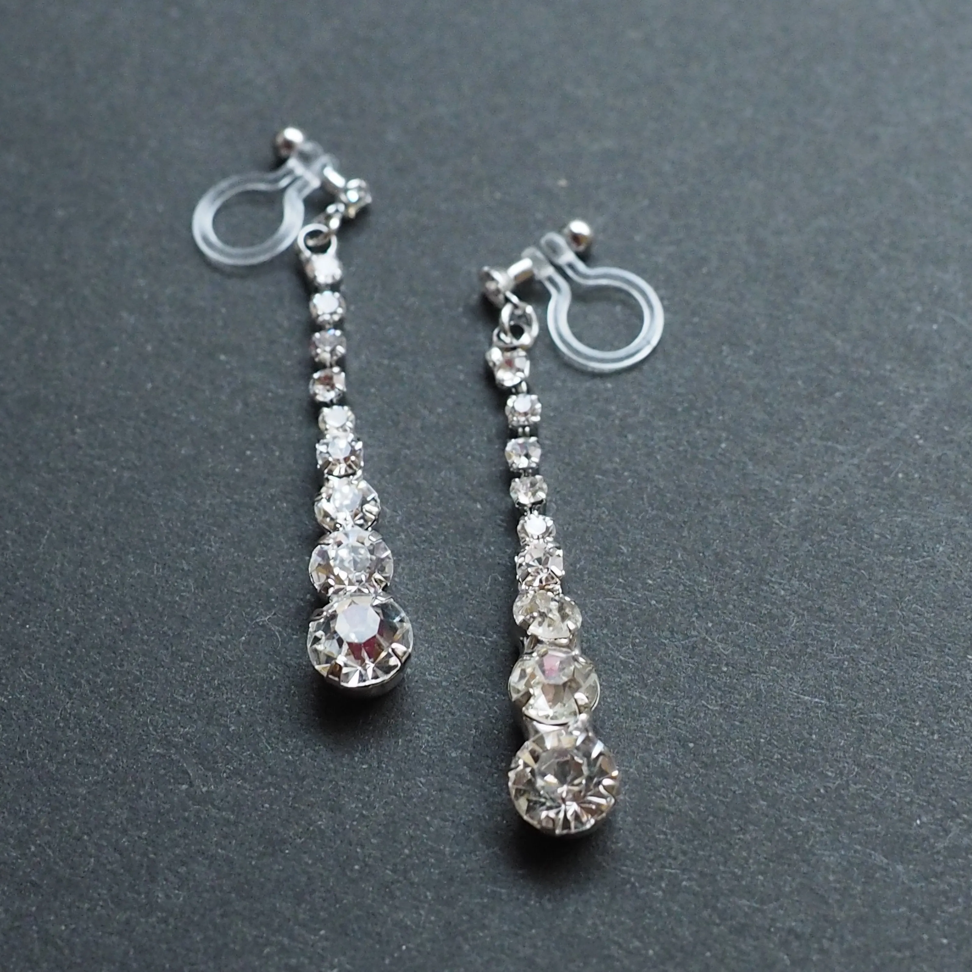 Bridal long rhinestone crystal invisible clip on earrings ( silver tone )