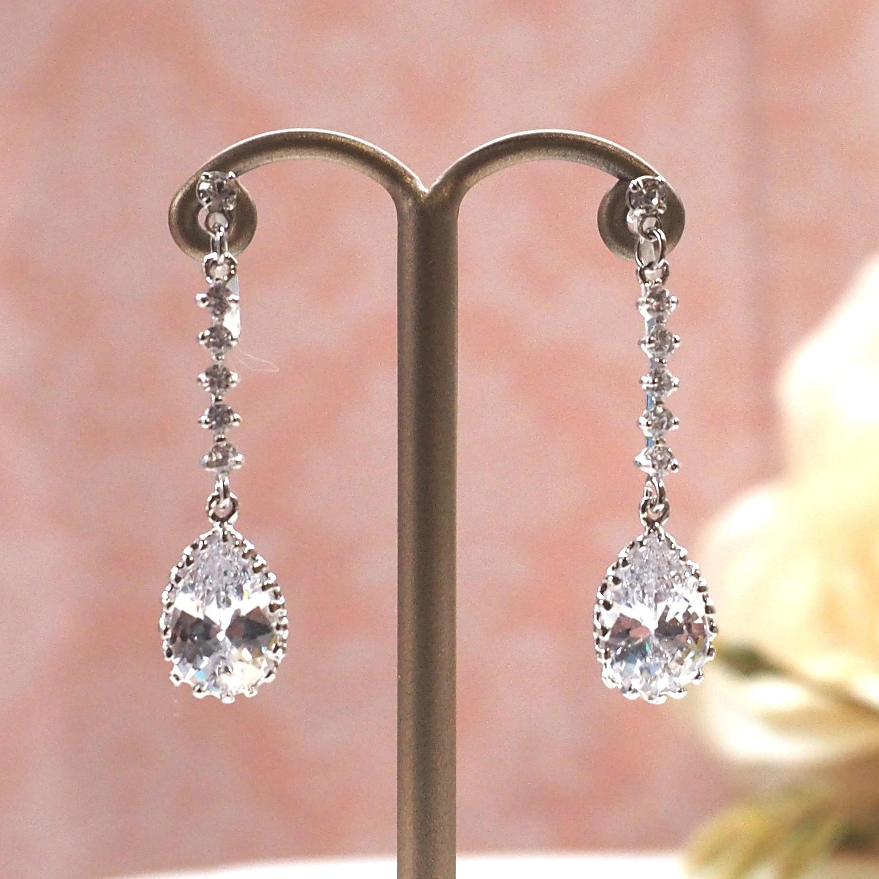 Bridal teardrop cubic zirconia invisible clip on earrings ( silver tone )