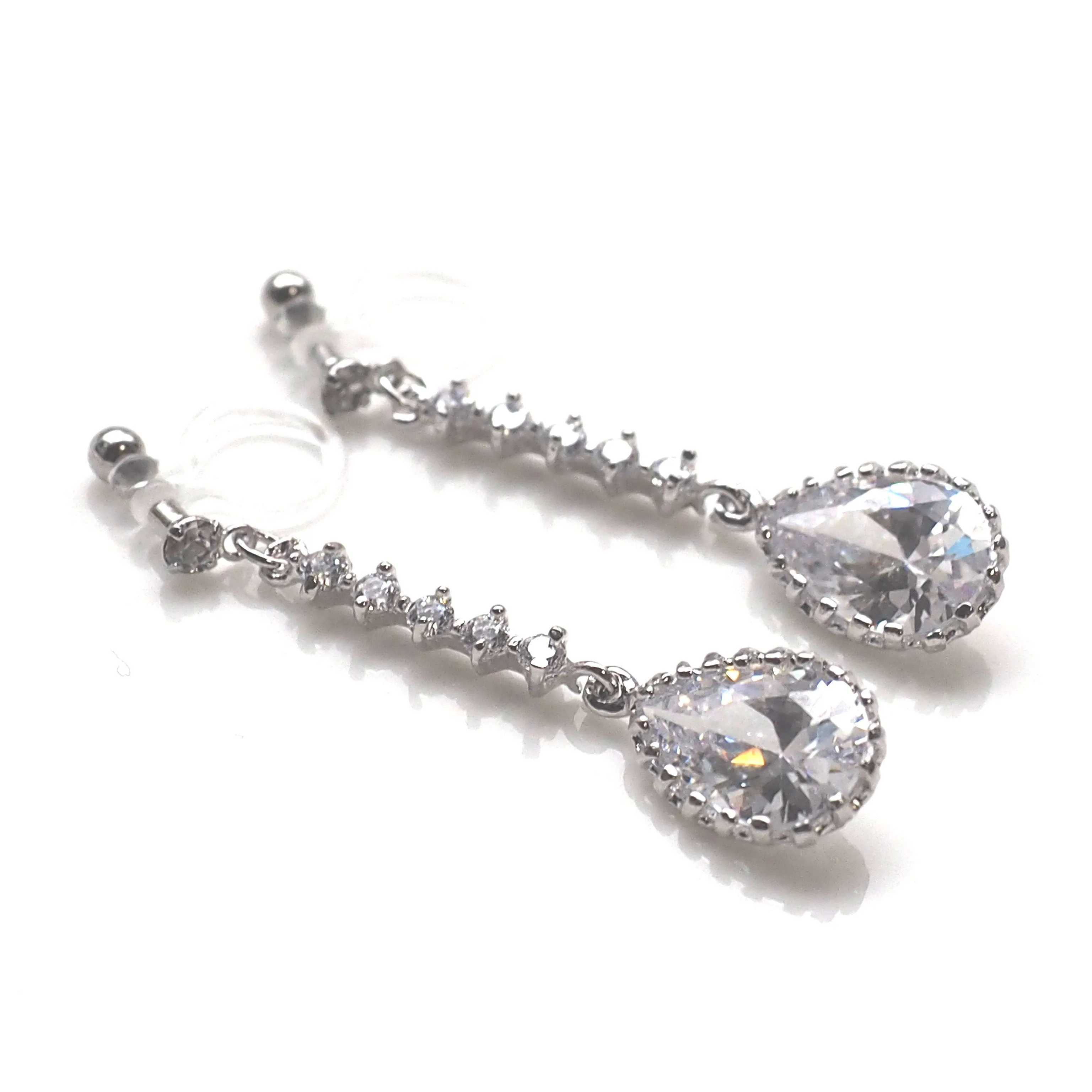 Bridal teardrop cubic zirconia invisible clip on earrings ( silver tone )