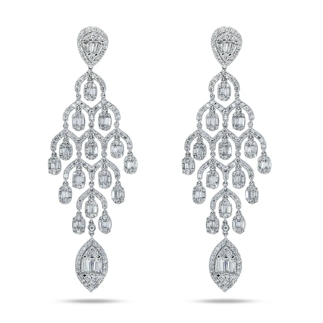 Bronwyn 5 Carats Baguette and Round Diamond Chandelier Drop Earrings in 14K White Gold