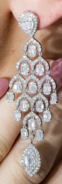 Bronwyn 5 Carats Baguette and Round Diamond Chandelier Drop Earrings in 14K White Gold