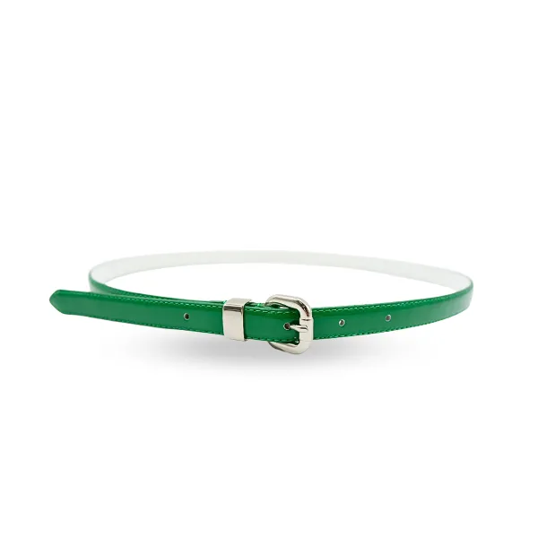 CARRIE -  Womens Emerald Green Patent Skinny Leather Belt with Silver Buckle