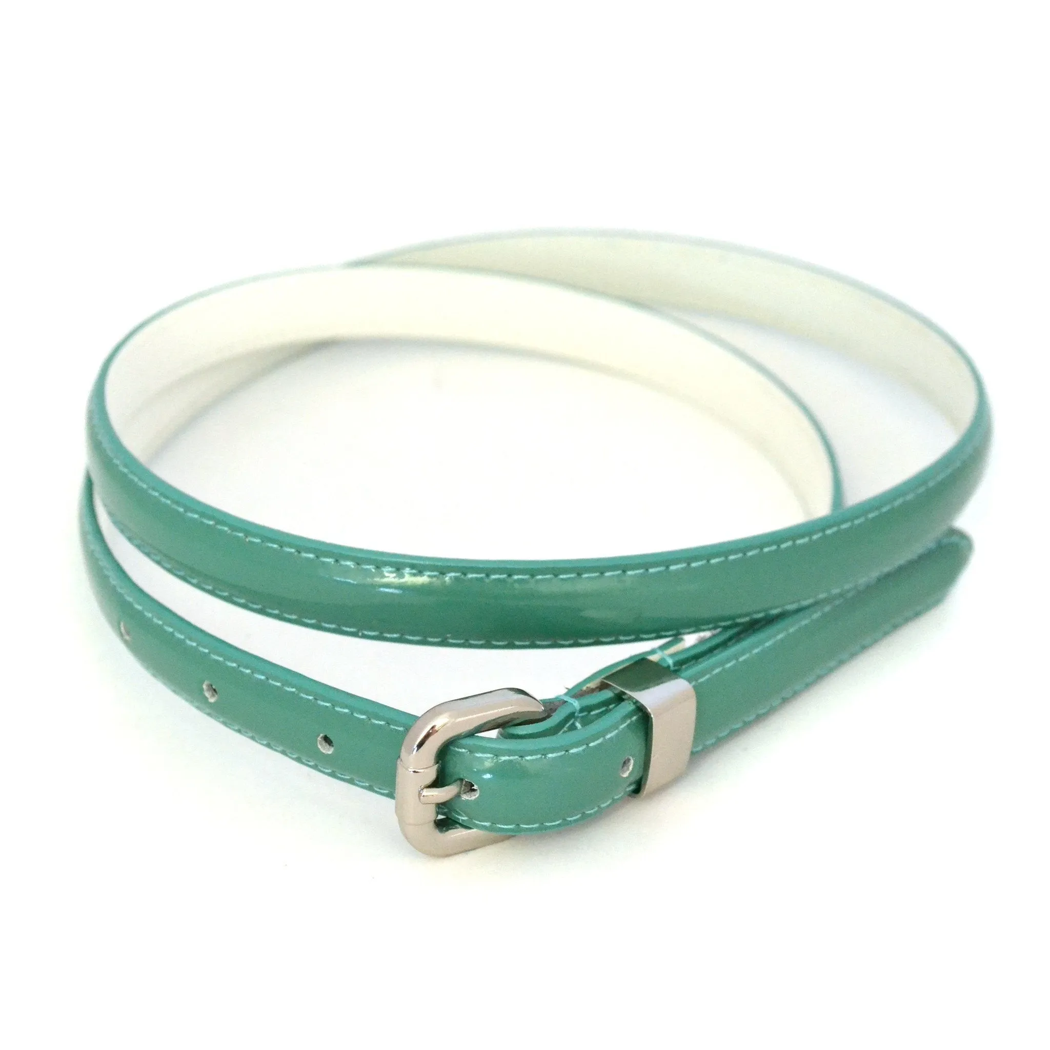 CARRIE -  Womens Forest Green Patent Skinny Leather Belt with Silver Buckle