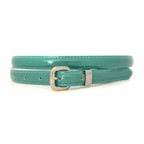 CARRIE -  Womens Forest Green Patent Skinny Leather Belt with Silver Buckle