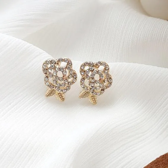 Clear Crystal Rhinestone Rose Invisible Clip On Earrings