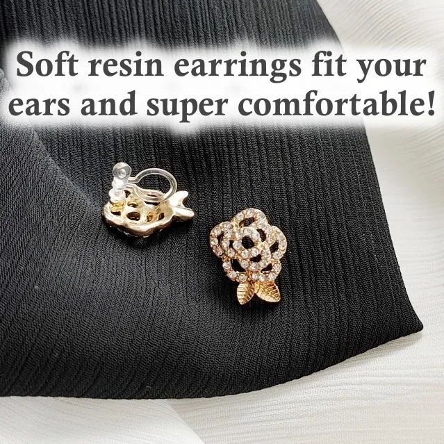 Clear Crystal Rhinestone Rose Invisible Clip On Earrings