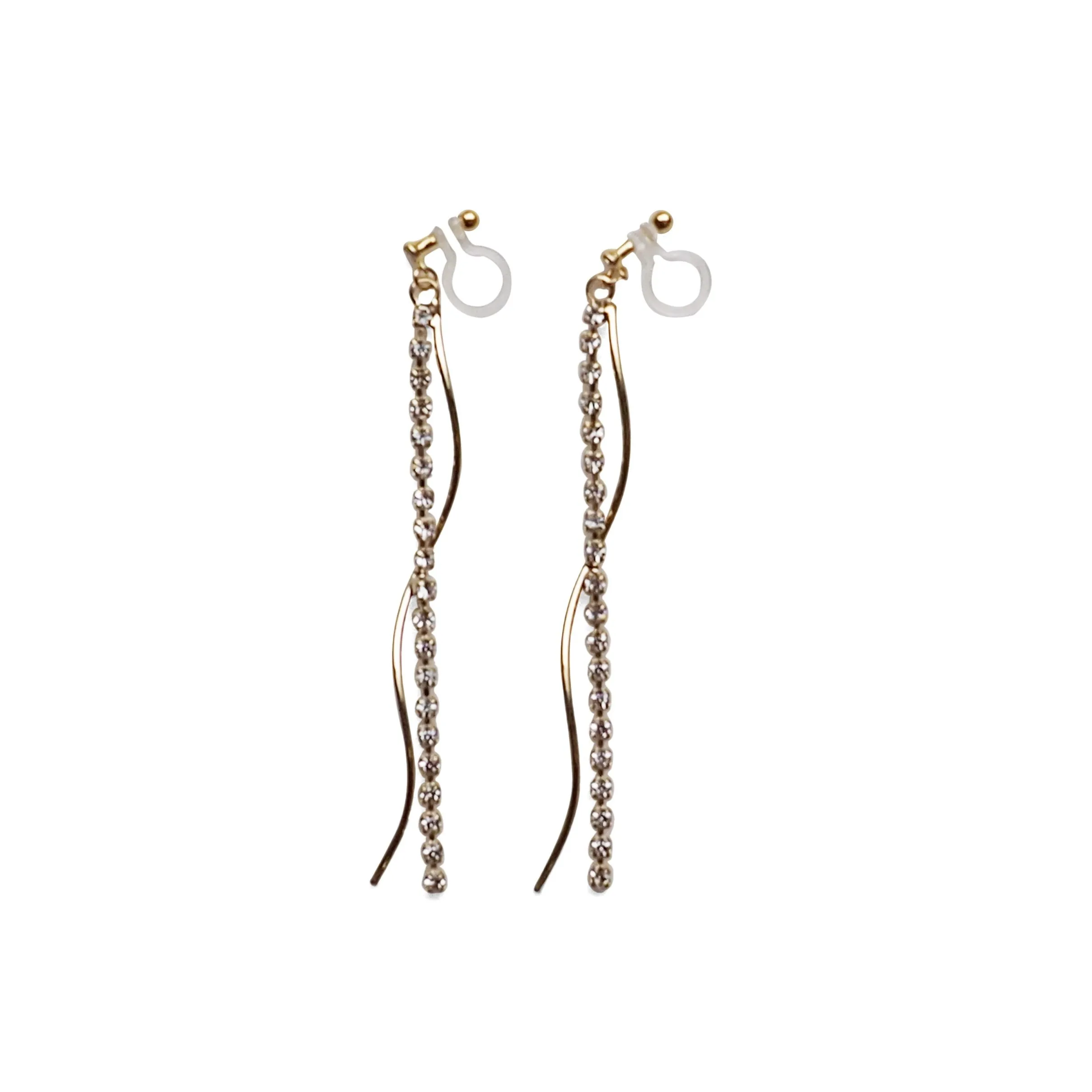 Copy of Dangle rhinestone chain and wave bar invisible clip on earrings ( Gold tone )