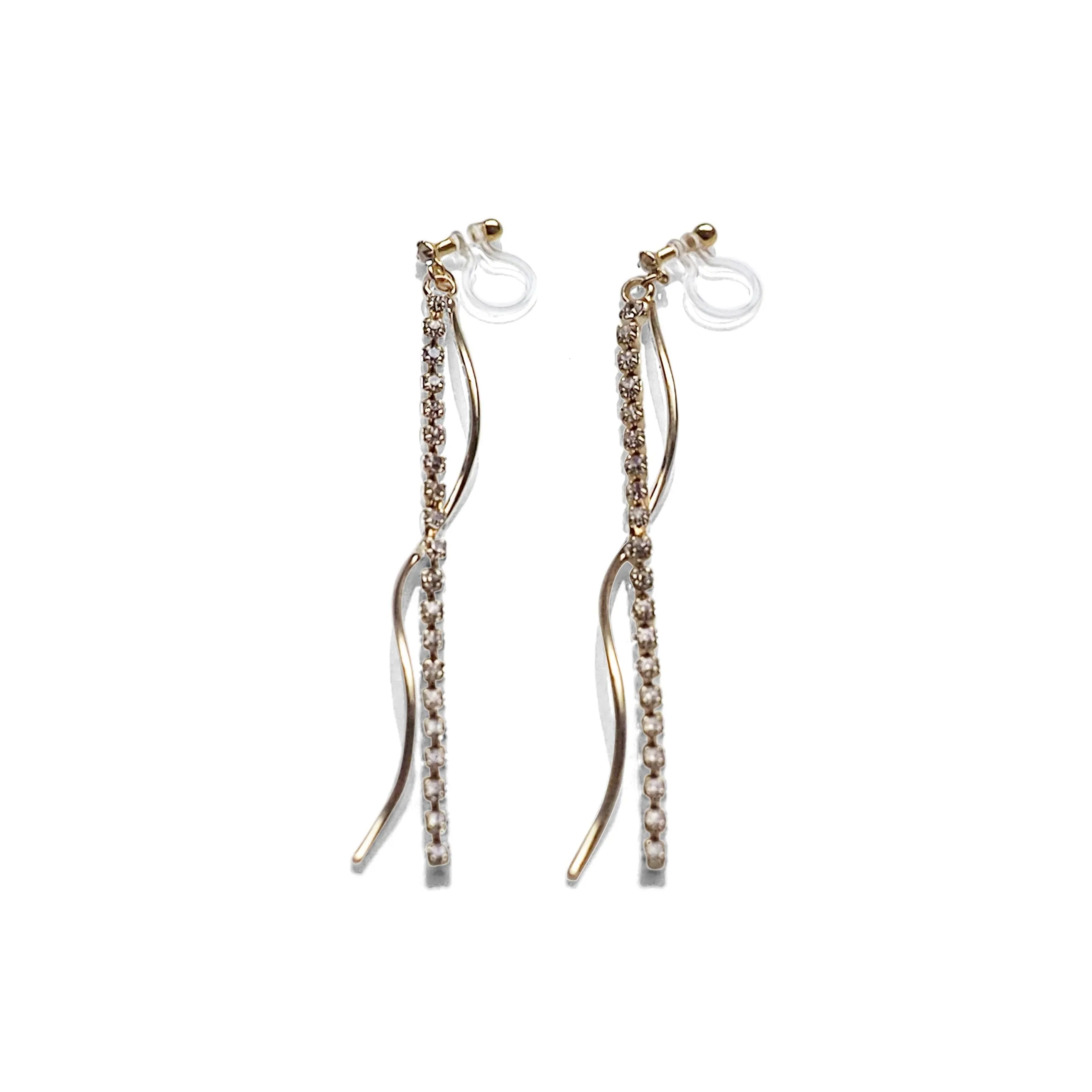 Copy of Dangle rhinestone chain and wave bar invisible clip on earrings ( Gold tone )