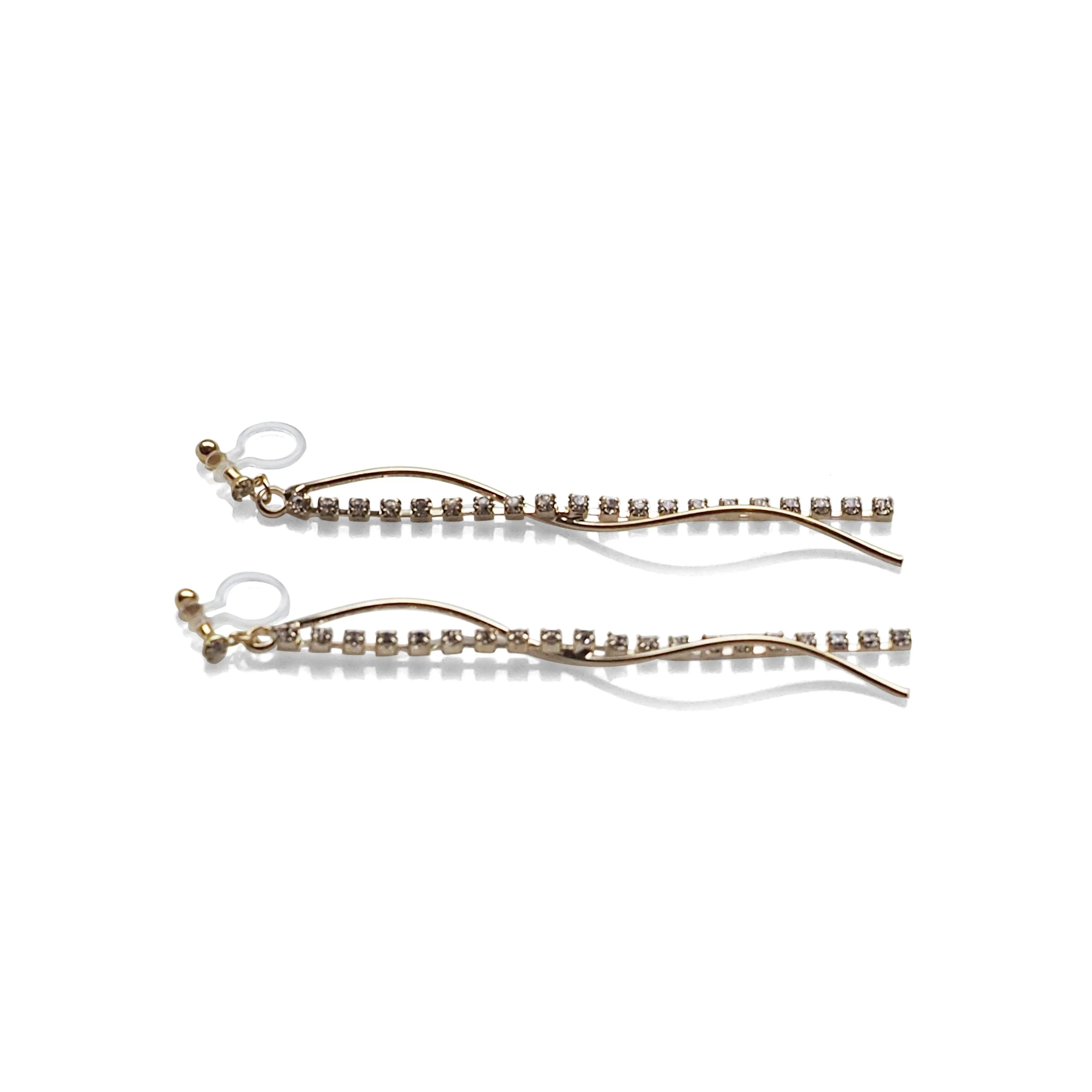 Copy of Dangle rhinestone chain and wave bar invisible clip on earrings ( Gold tone )