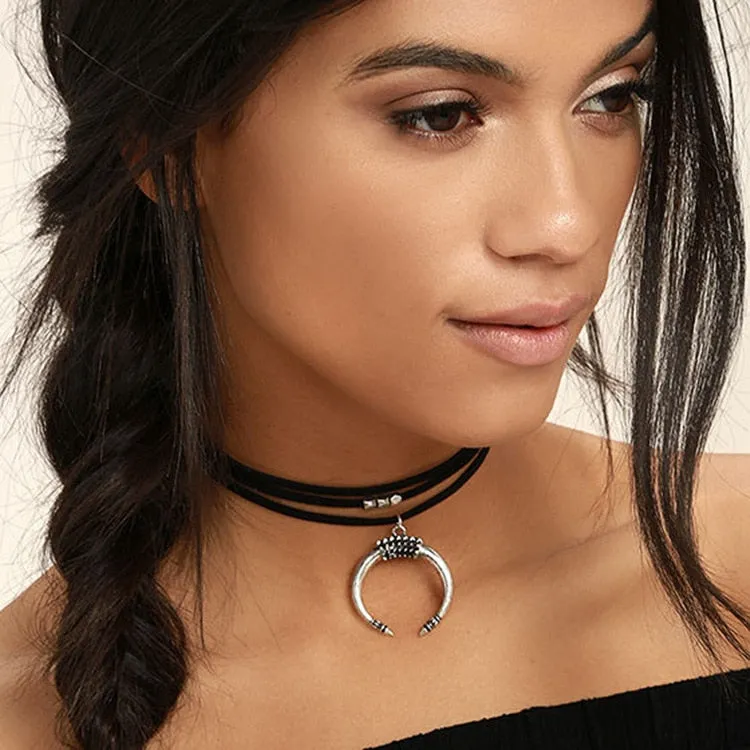 Crescent Moon Black Suede Choker Three Strand Necklace With Silver Beads Bull Horns Essential For Stacking Necklaces