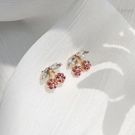 Crystal Rhinestone Cherry Pink Invisible Clip On Earrings