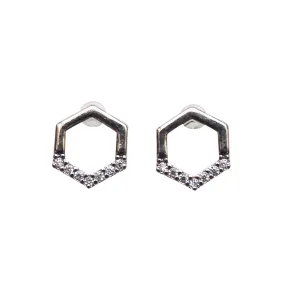 Cubic Zirconia Crystal Pave Hexagon Invisible Clip On Stud Earrings ( Silver tone )