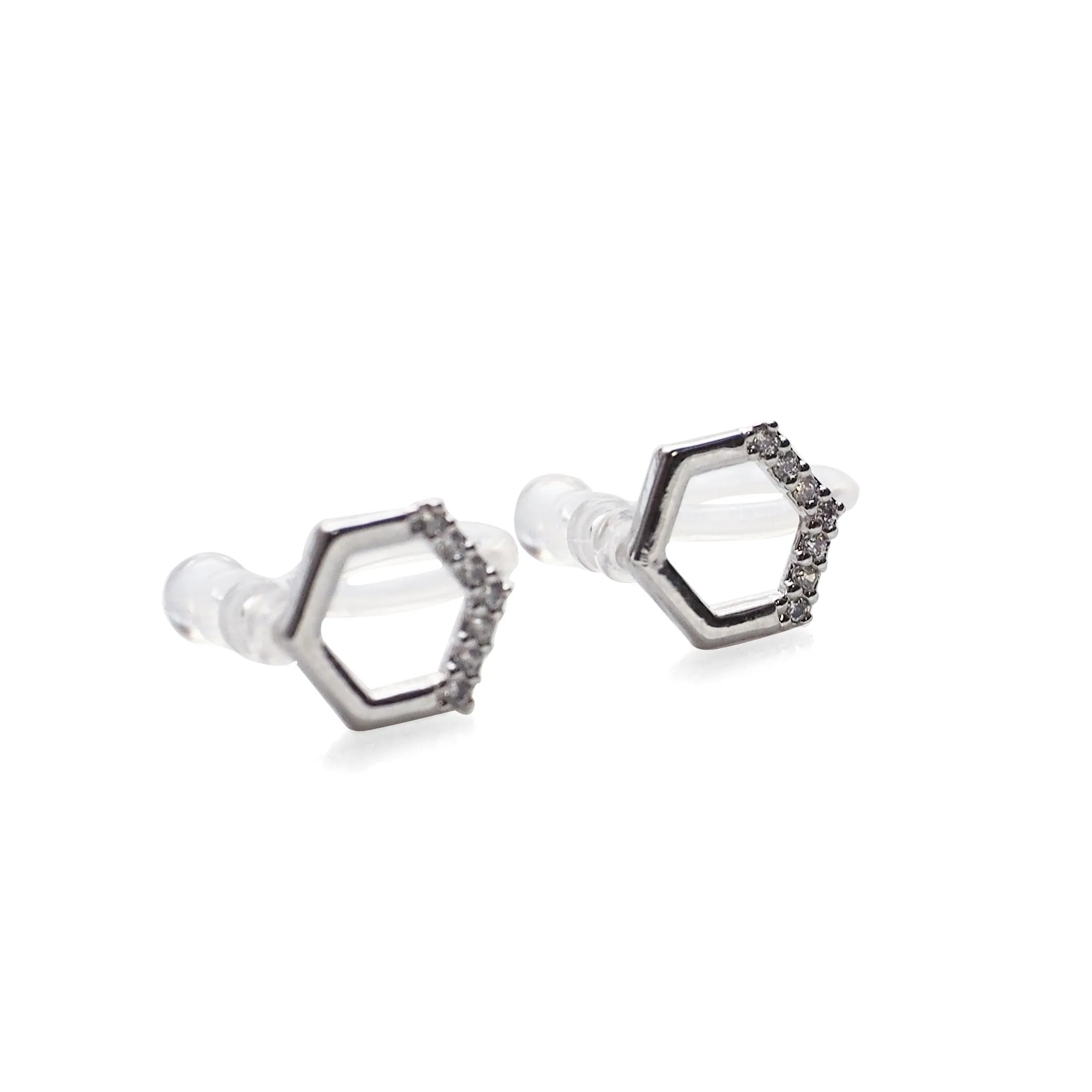 Cubic Zirconia Crystal Pave Hexagon Invisible Clip On Stud Earrings ( Silver tone )