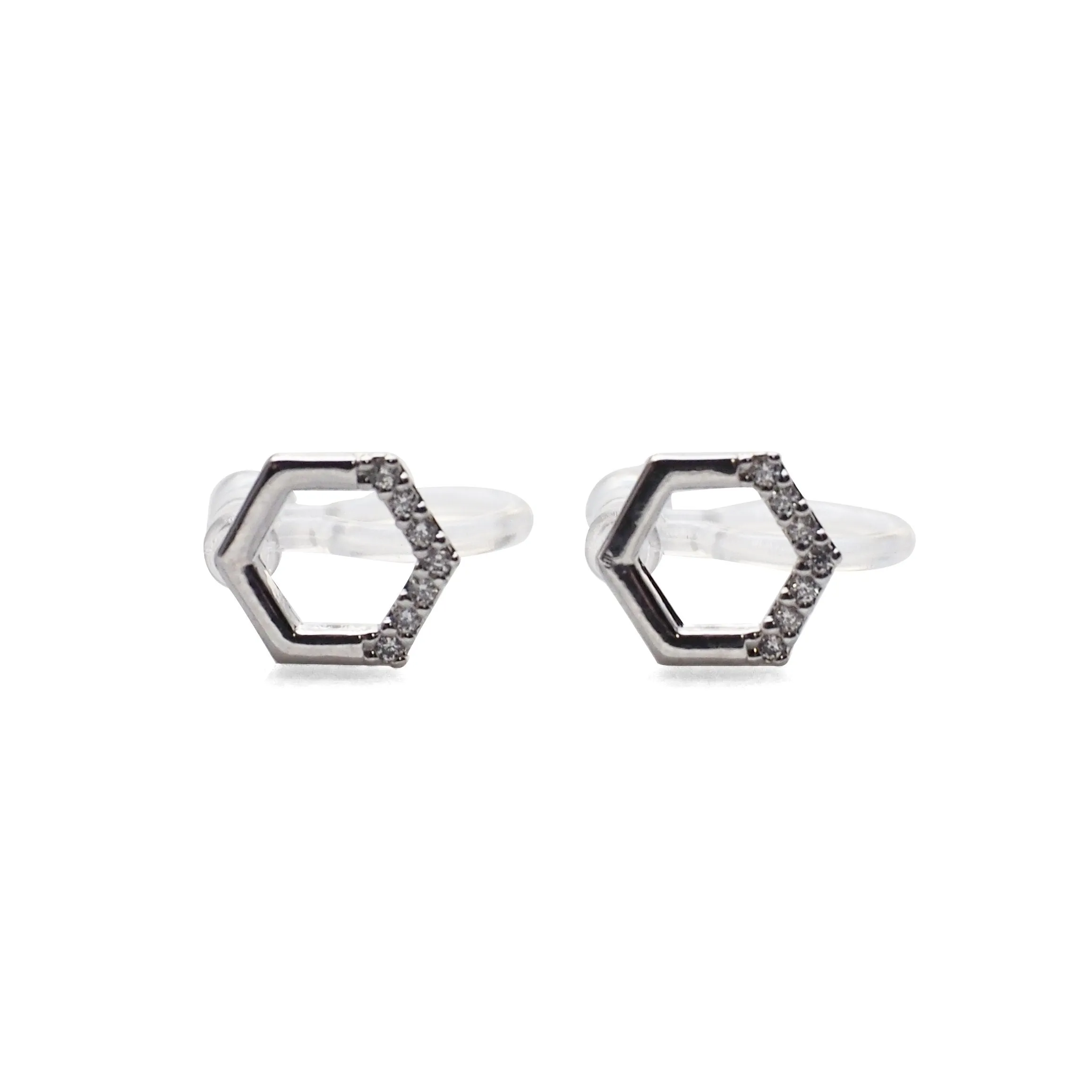 Cubic Zirconia Crystal Pave Hexagon Invisible Clip On Stud Earrings ( Silver tone )