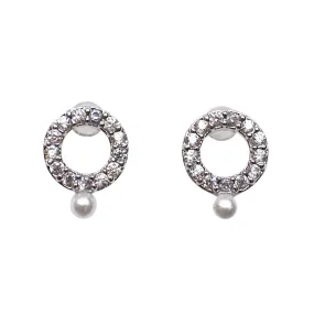 Cubic Zirconia Crystal Pave Hoop with White Pearl Invisible Clip On Stud Earrings ( Silver tone )