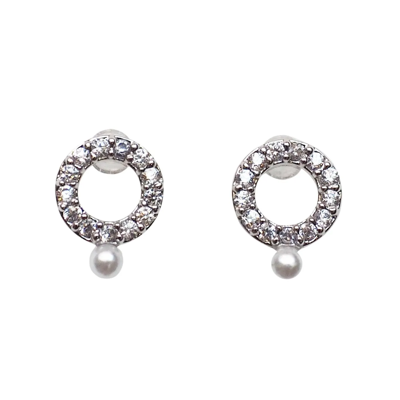 Cubic Zirconia Crystal Pave Hoop with White Pearl Invisible Clip On Stud Earrings ( Silver tone )