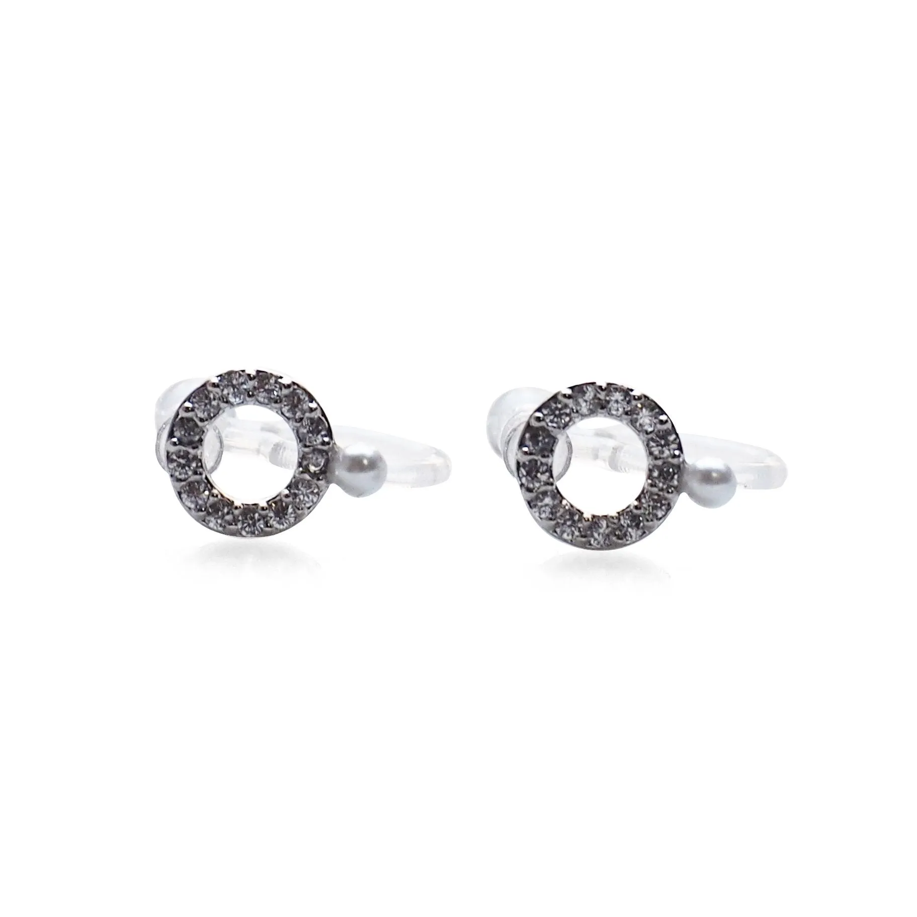 Cubic Zirconia Crystal Pave Hoop with White Pearl Invisible Clip On Stud Earrings ( Silver tone )