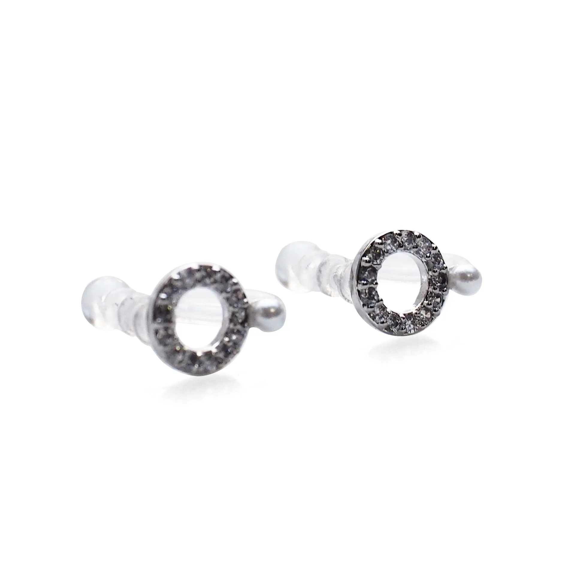 Cubic Zirconia Crystal Pave Hoop with White Pearl Invisible Clip On Stud Earrings ( Silver tone )