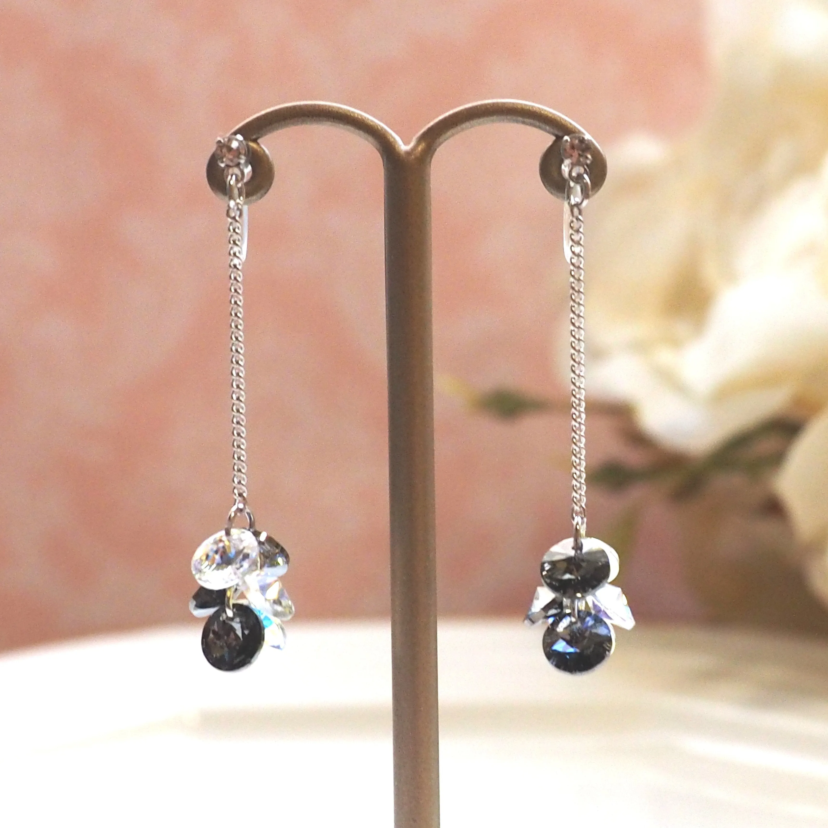 Dangle Aurora Borealis and black diamond Swarovski Crystal Invisible Clip On Earrings