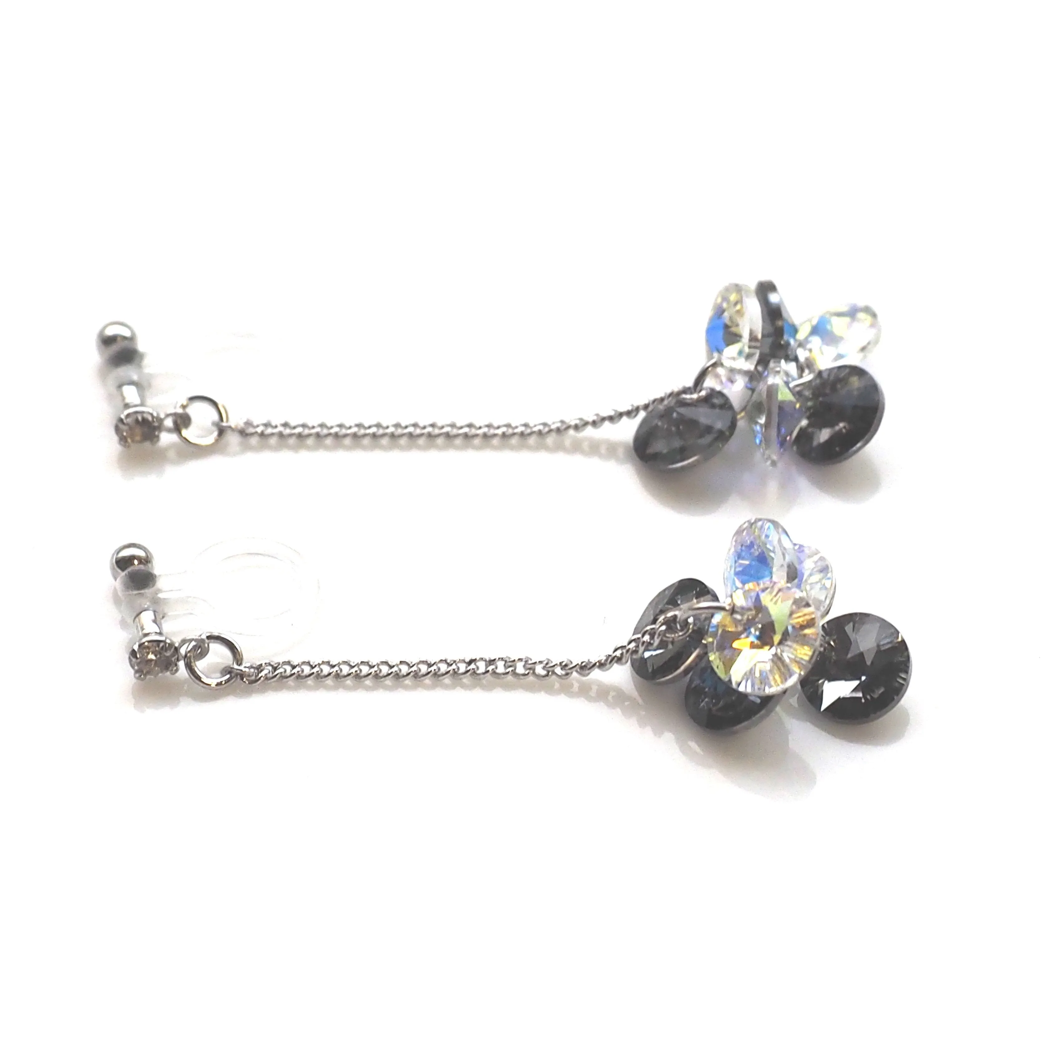 Dangle Aurora Borealis and black diamond Swarovski Crystal Invisible Clip On Earrings