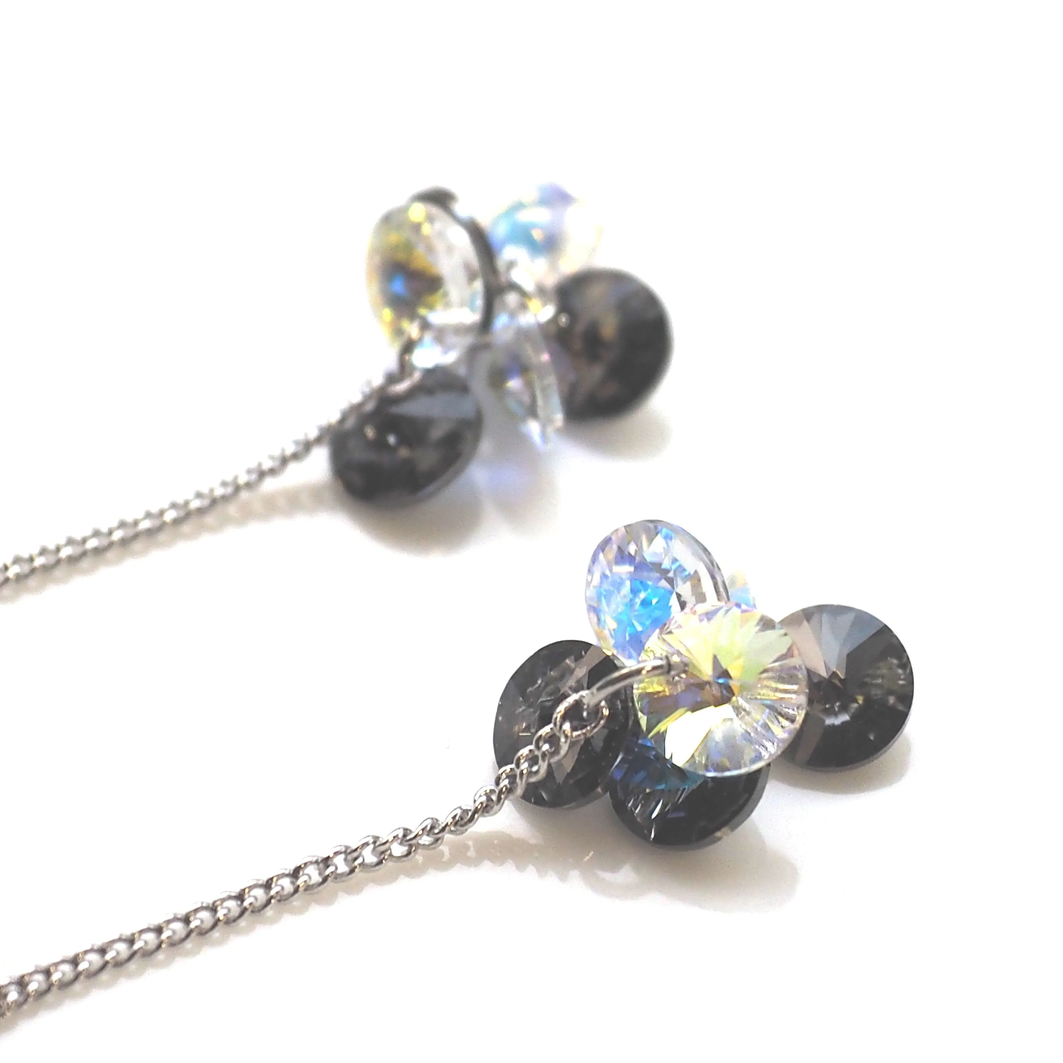 Dangle Aurora Borealis and black diamond Swarovski Crystal Invisible Clip On Earrings