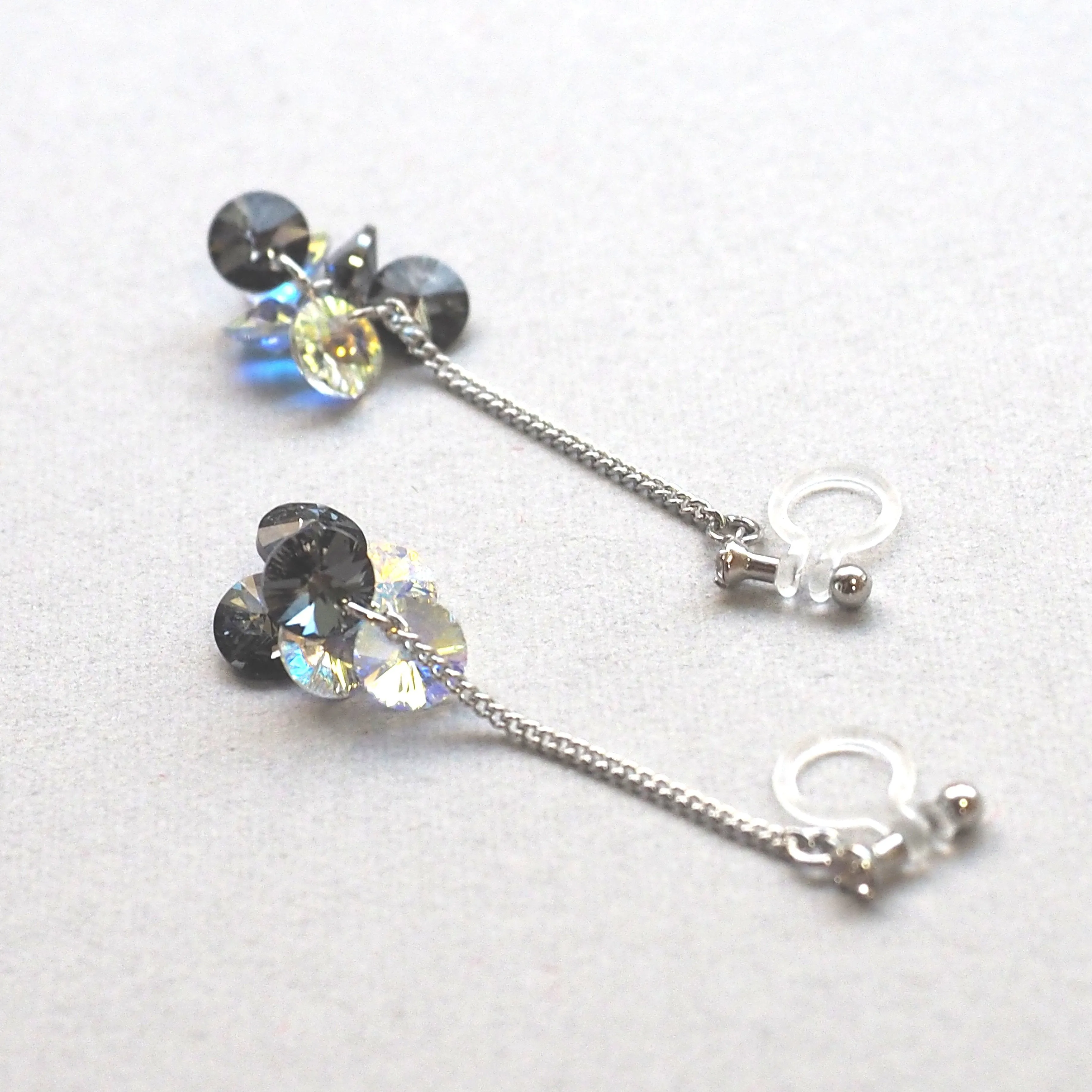 Dangle Aurora Borealis and black diamond Swarovski Crystal Invisible Clip On Earrings