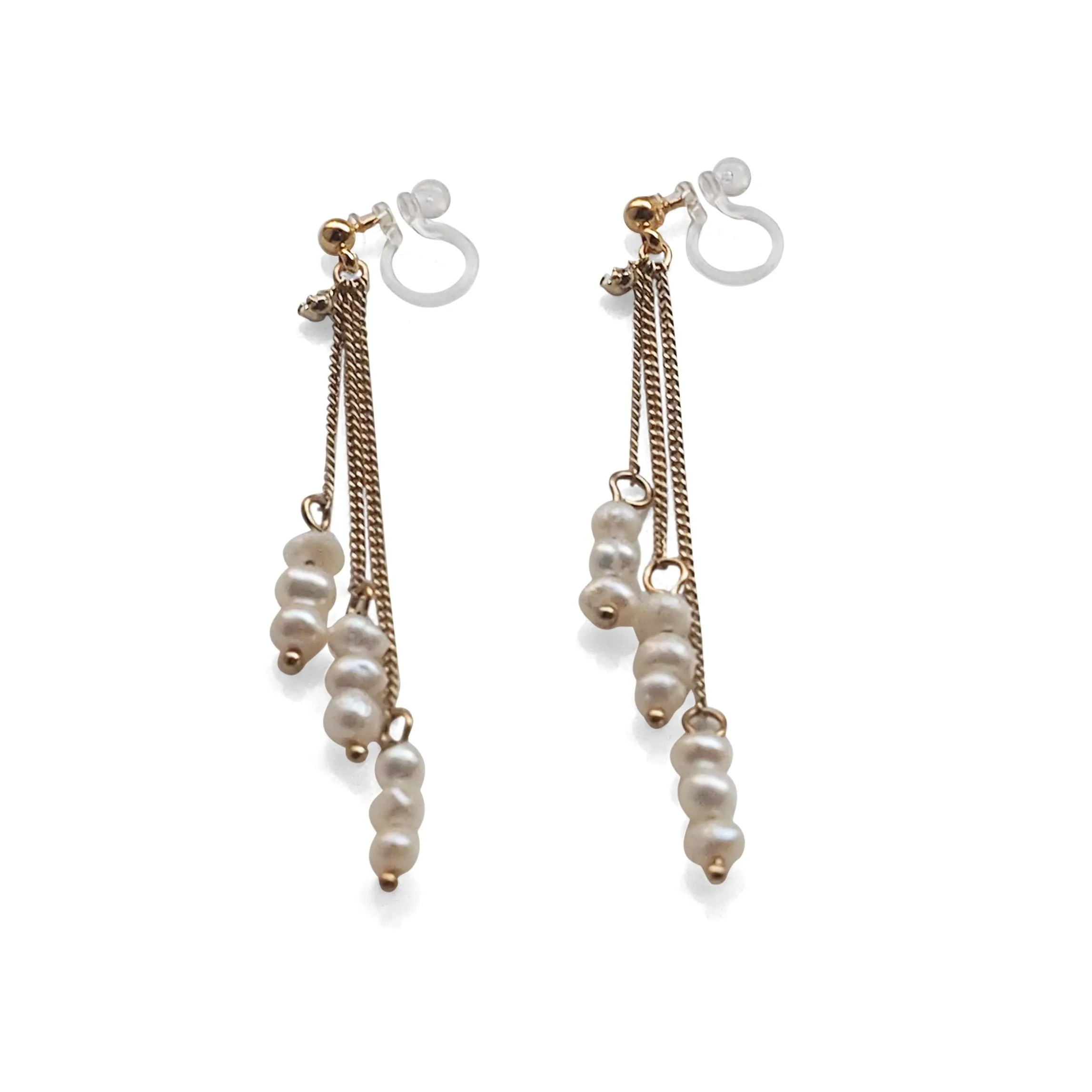 Dangle Beaded White Freshwater Pearl Invisible Clip On Earrings (Gold tone)