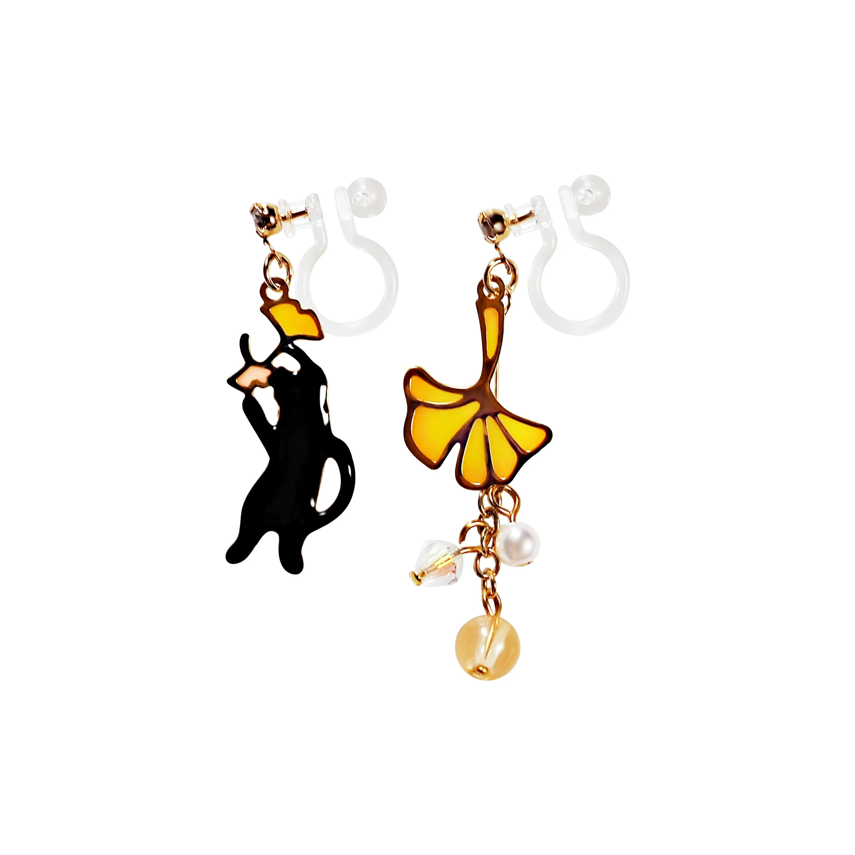 Dangle Black Cat Yellow Ginkgo Leaf Gold Invisible Clip On Earrings