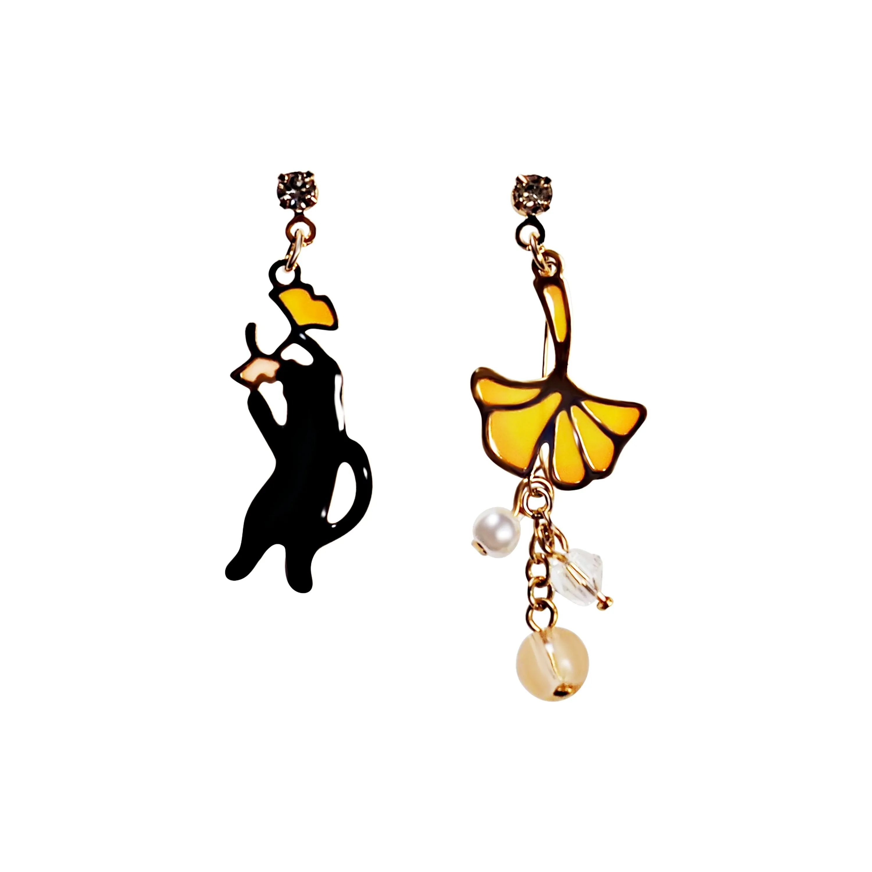 Dangle Black Cat Yellow Ginkgo Leaf Gold Invisible Clip On Earrings