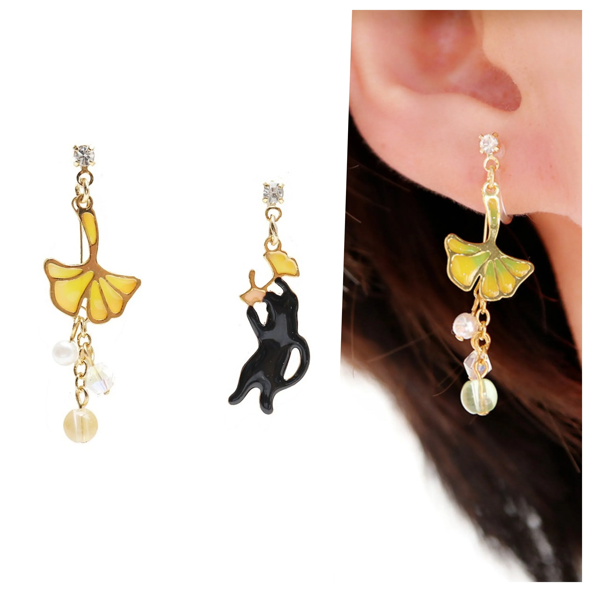 Dangle Black Cat Yellow Ginkgo Leaf Gold Invisible Clip On Earrings