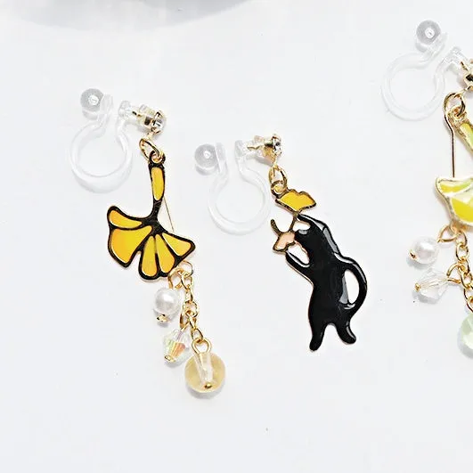 Dangle Black Cat Yellow Ginkgo Leaf Gold Invisible Clip On Earrings