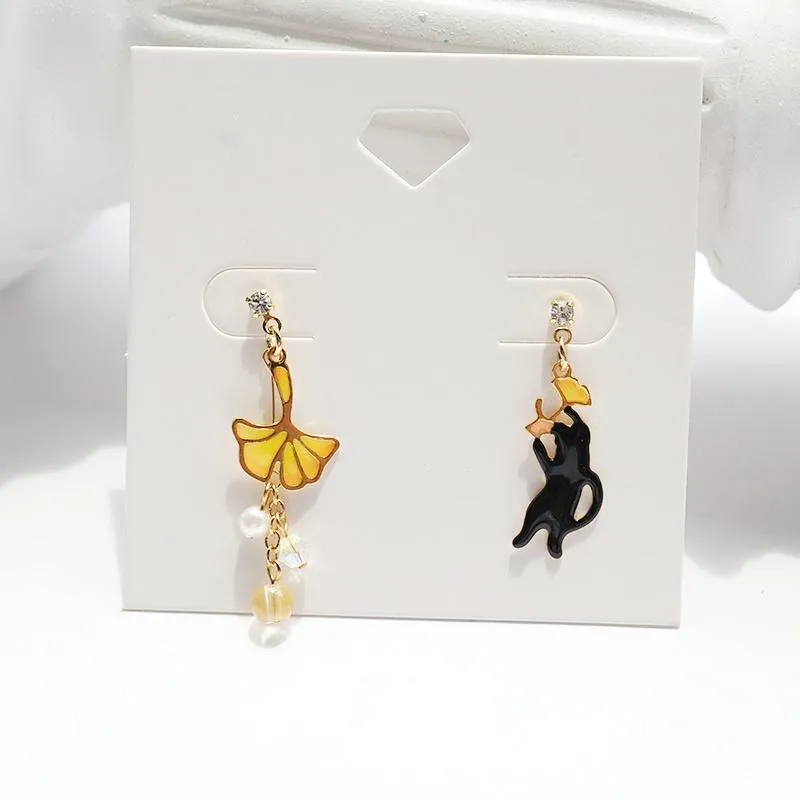 Dangle Black Cat Yellow Ginkgo Leaf Gold Invisible Clip On Earrings