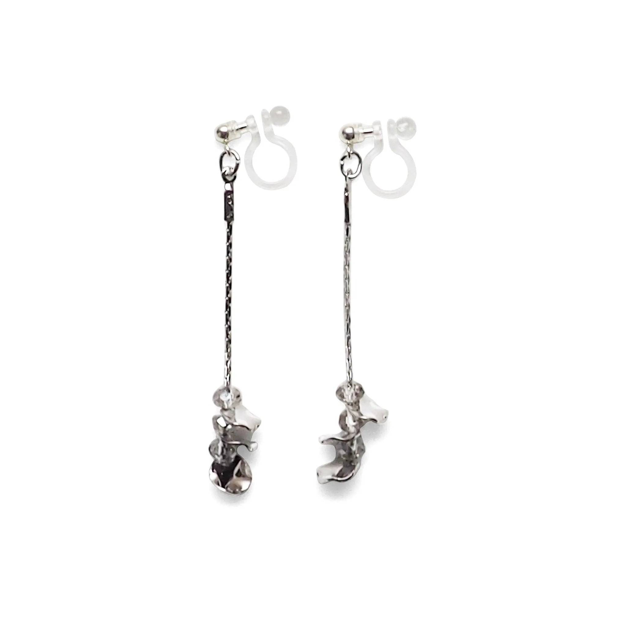 Dangle clear crystal & silver coin invisible clip on earrings