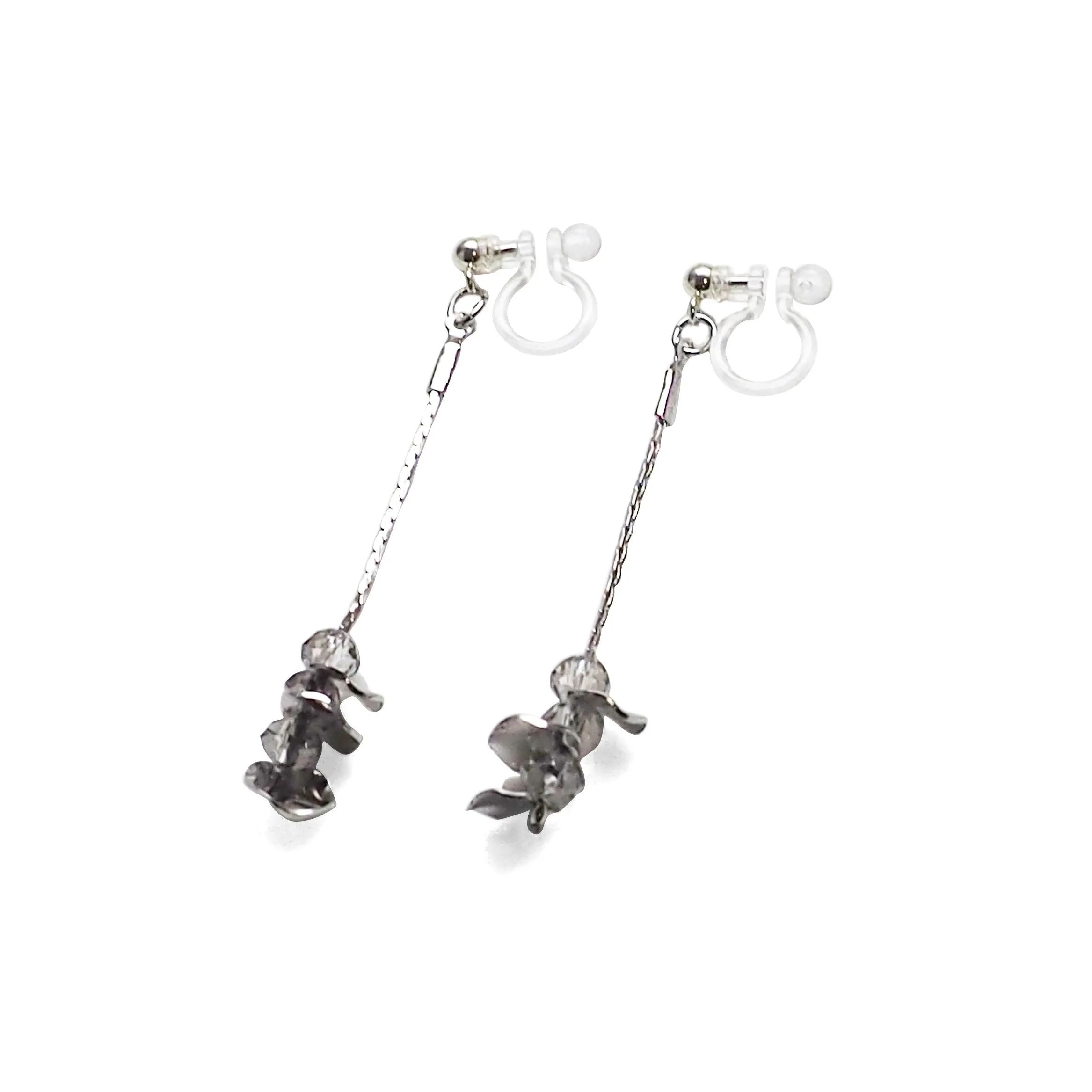 Dangle clear crystal & silver coin invisible clip on earrings