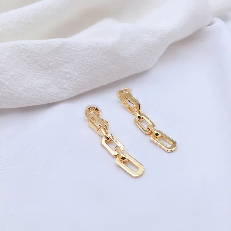 Dangle Gold Big Three Chain Spiral Clip On Earrings