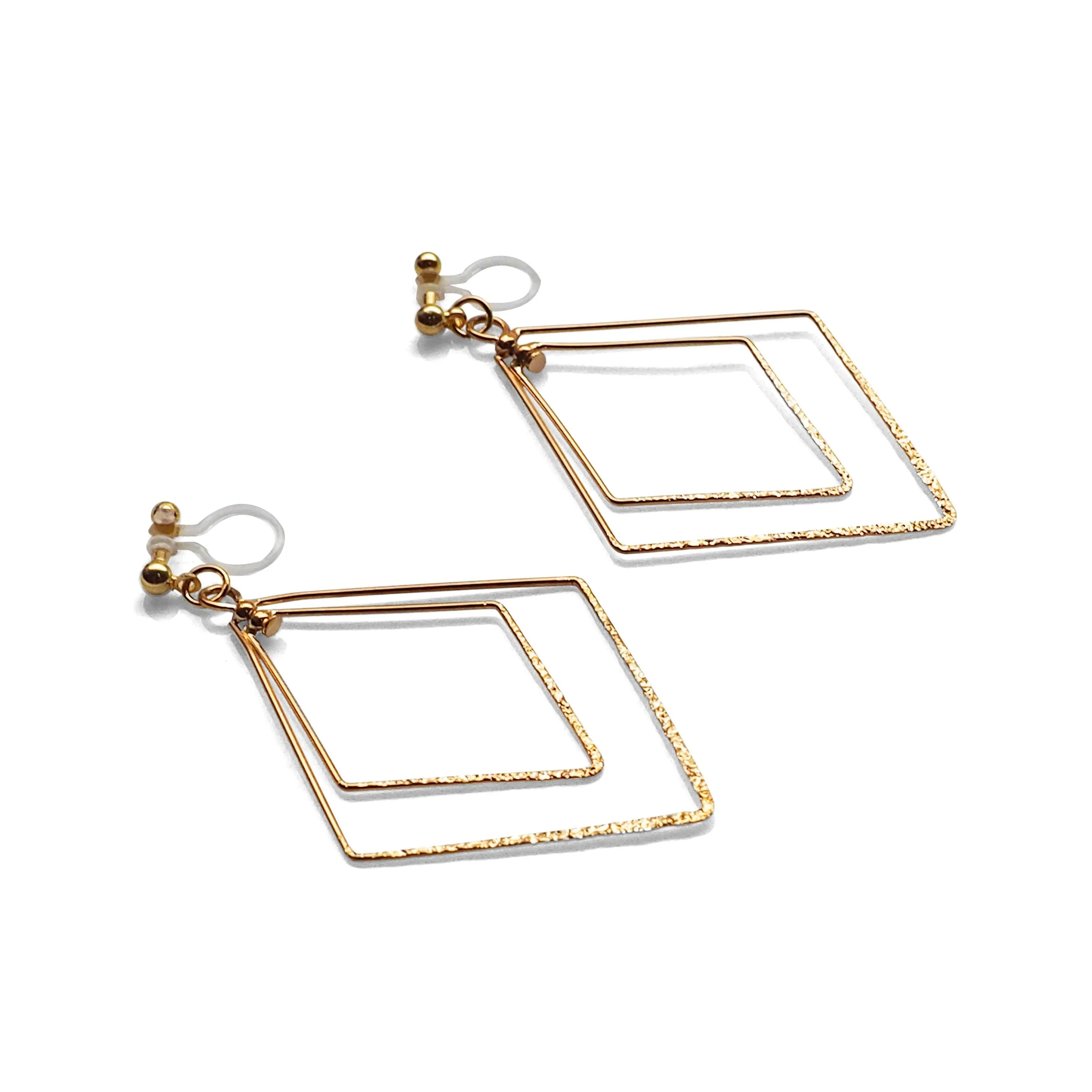 Dangle Gold Double Diamond Hoop Invisible Clip on Earrings