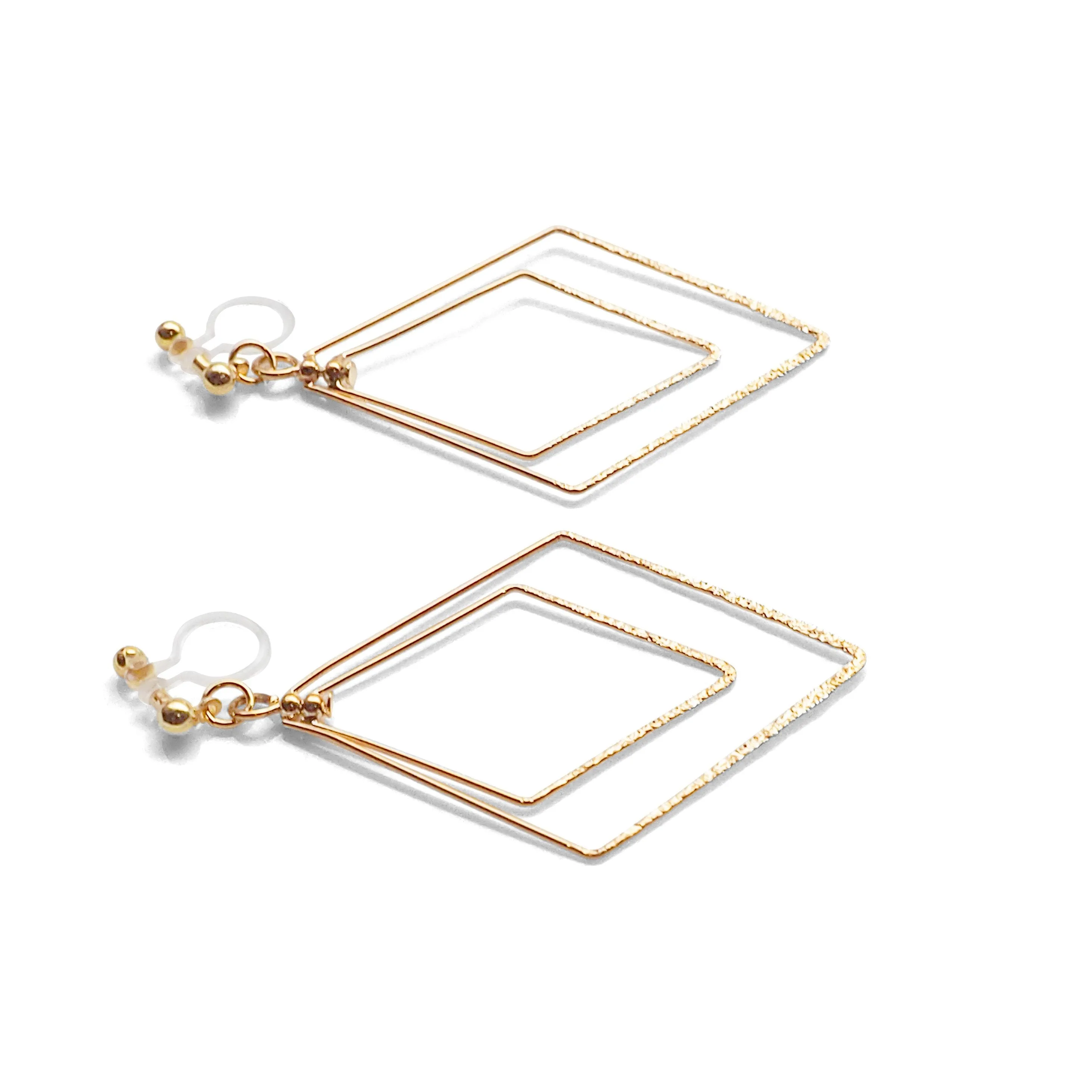 Dangle Gold Double Diamond Hoop Invisible Clip on Earrings