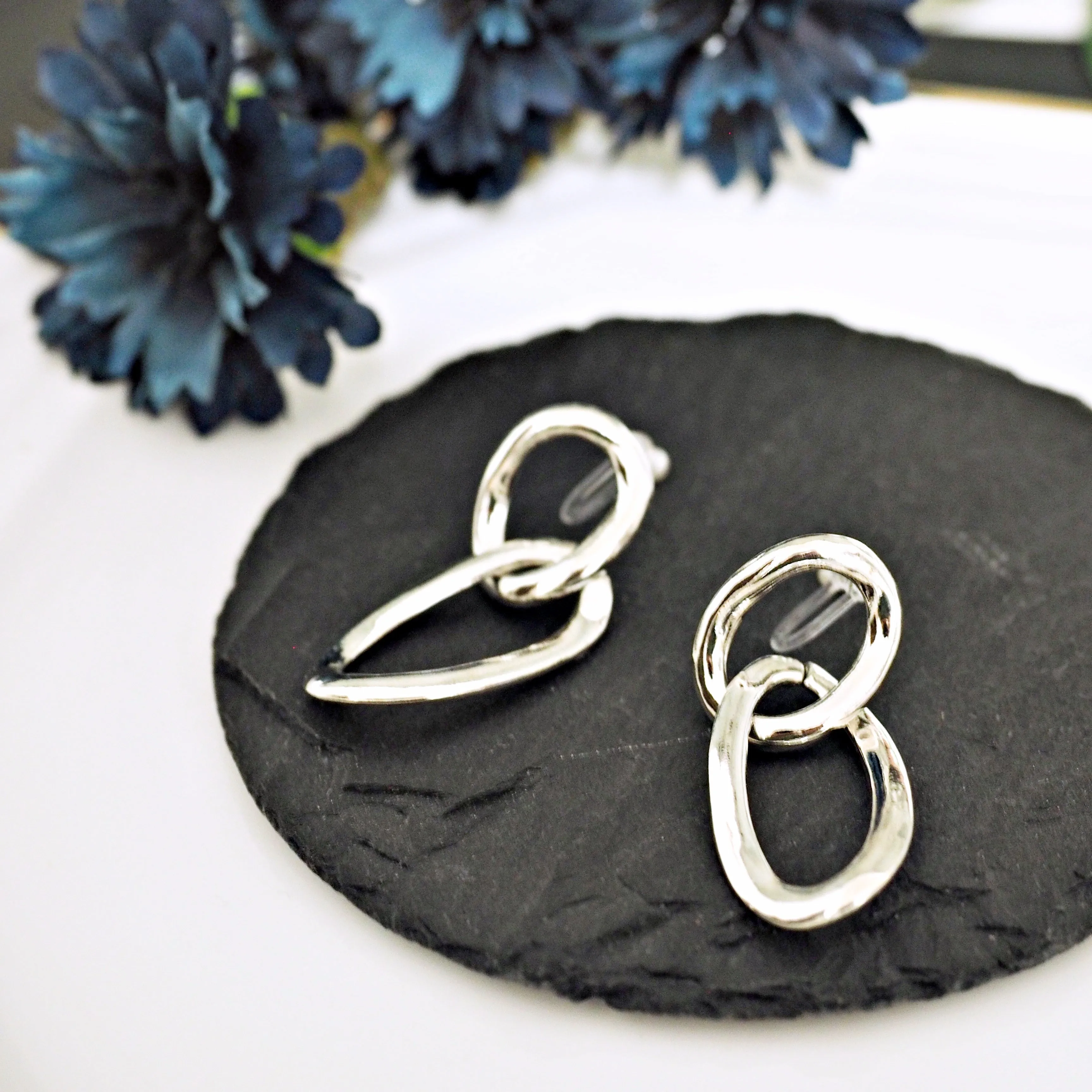 Dangle Gold /Silver Organic-Shaped Double Hoop 42mm Invisible Clip On Earrings