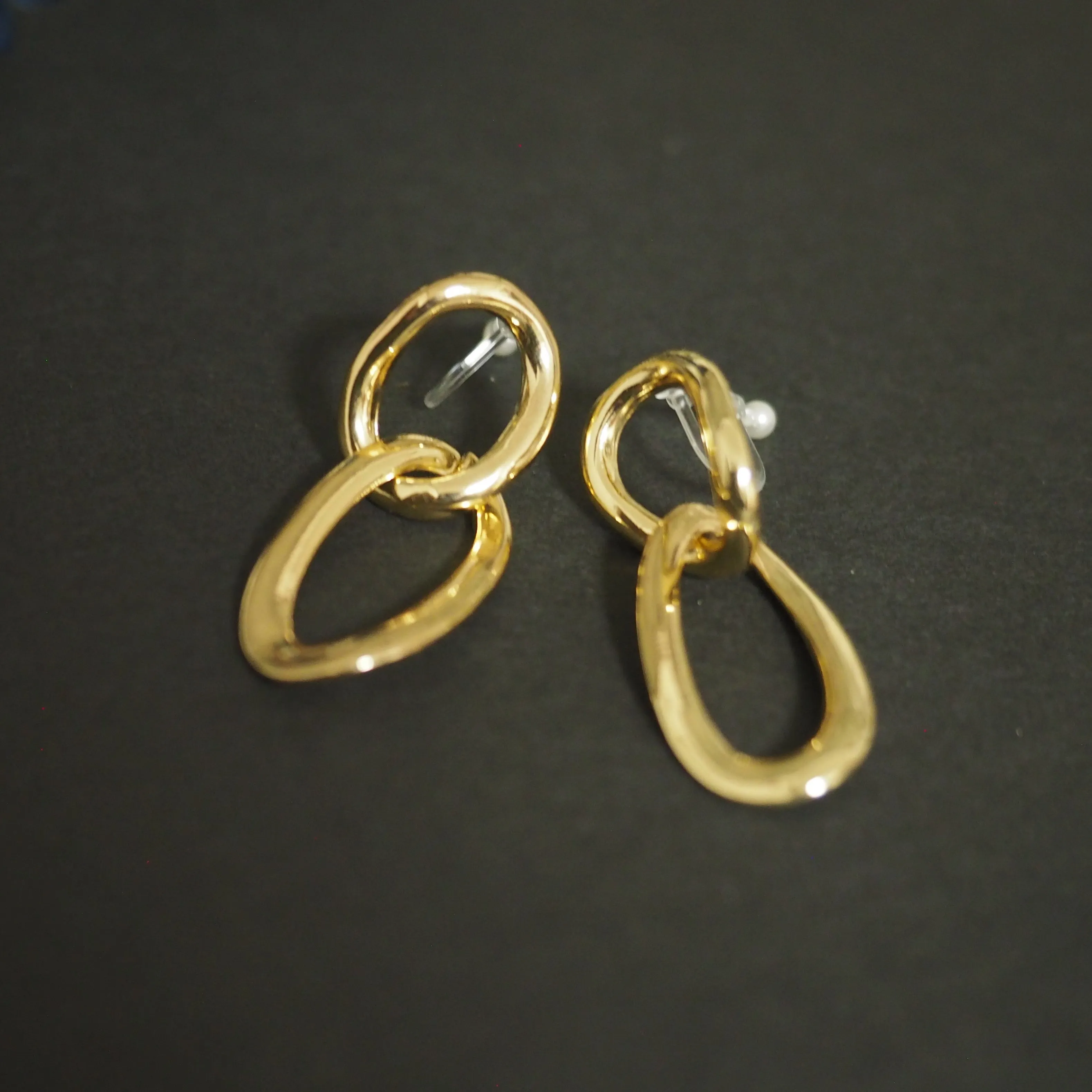 Dangle Gold /Silver Organic-Shaped Double Hoop 42mm Invisible Clip On Earrings