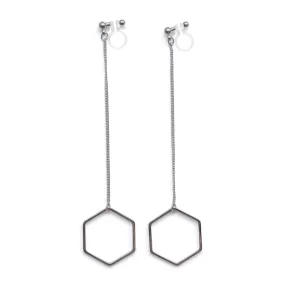 Dangle long silver hexagon invisible clip on earrings