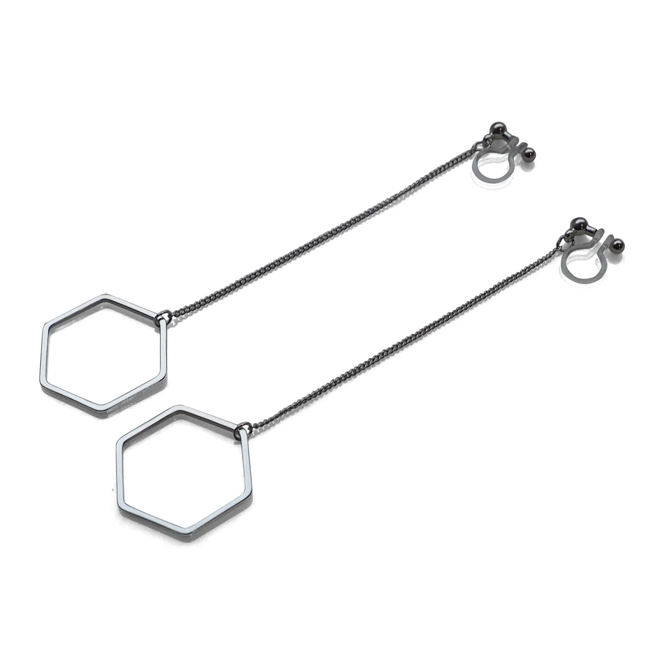 Dangle long silver hexagon invisible clip on earrings