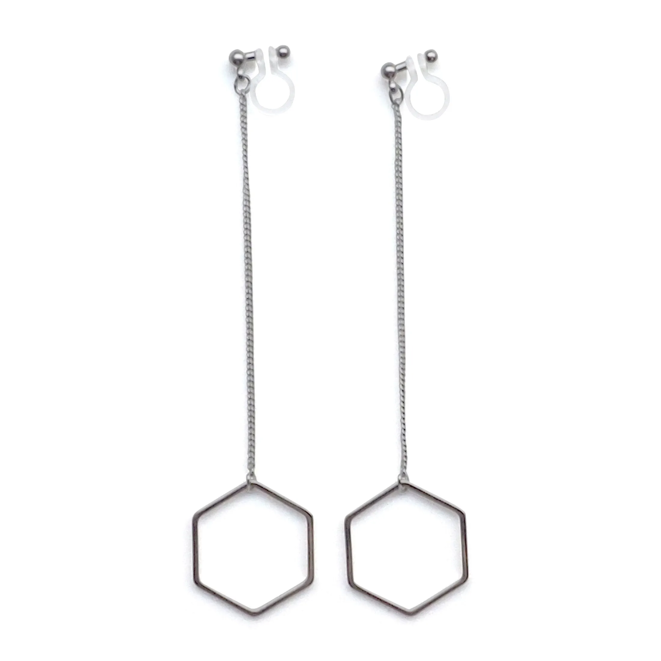 Dangle long silver hexagon invisible clip on earrings