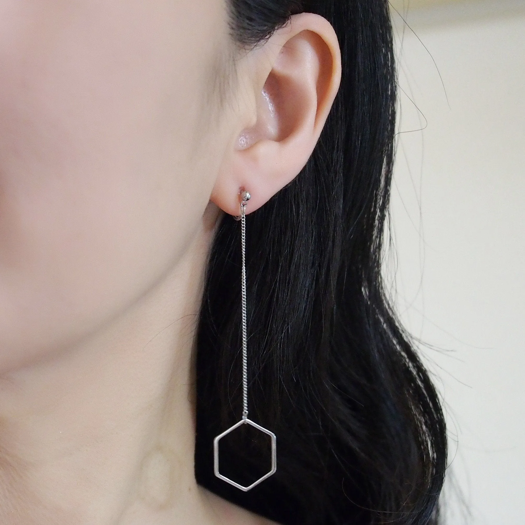 Dangle long silver hexagon invisible clip on earrings