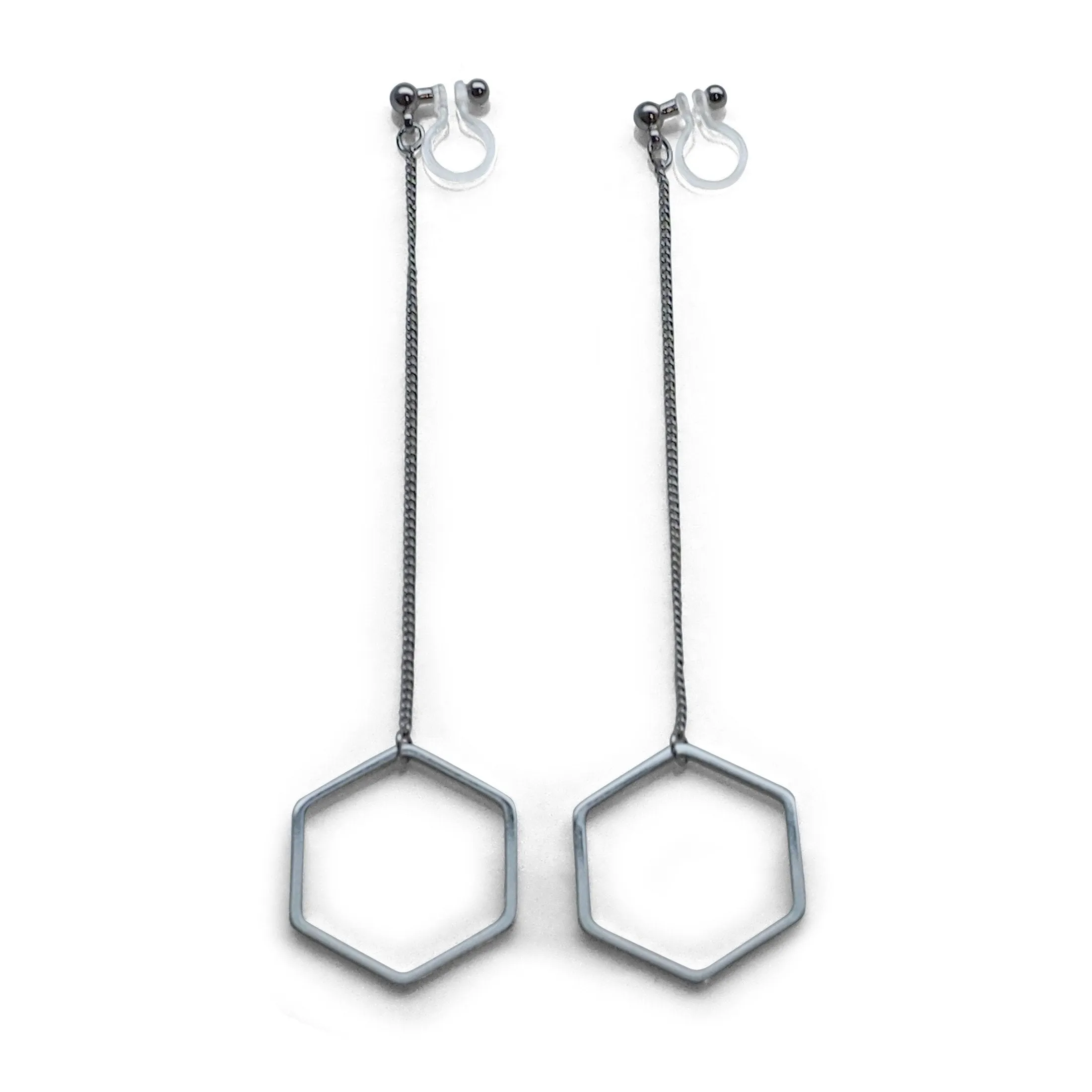 Dangle long silver hexagon invisible clip on earrings